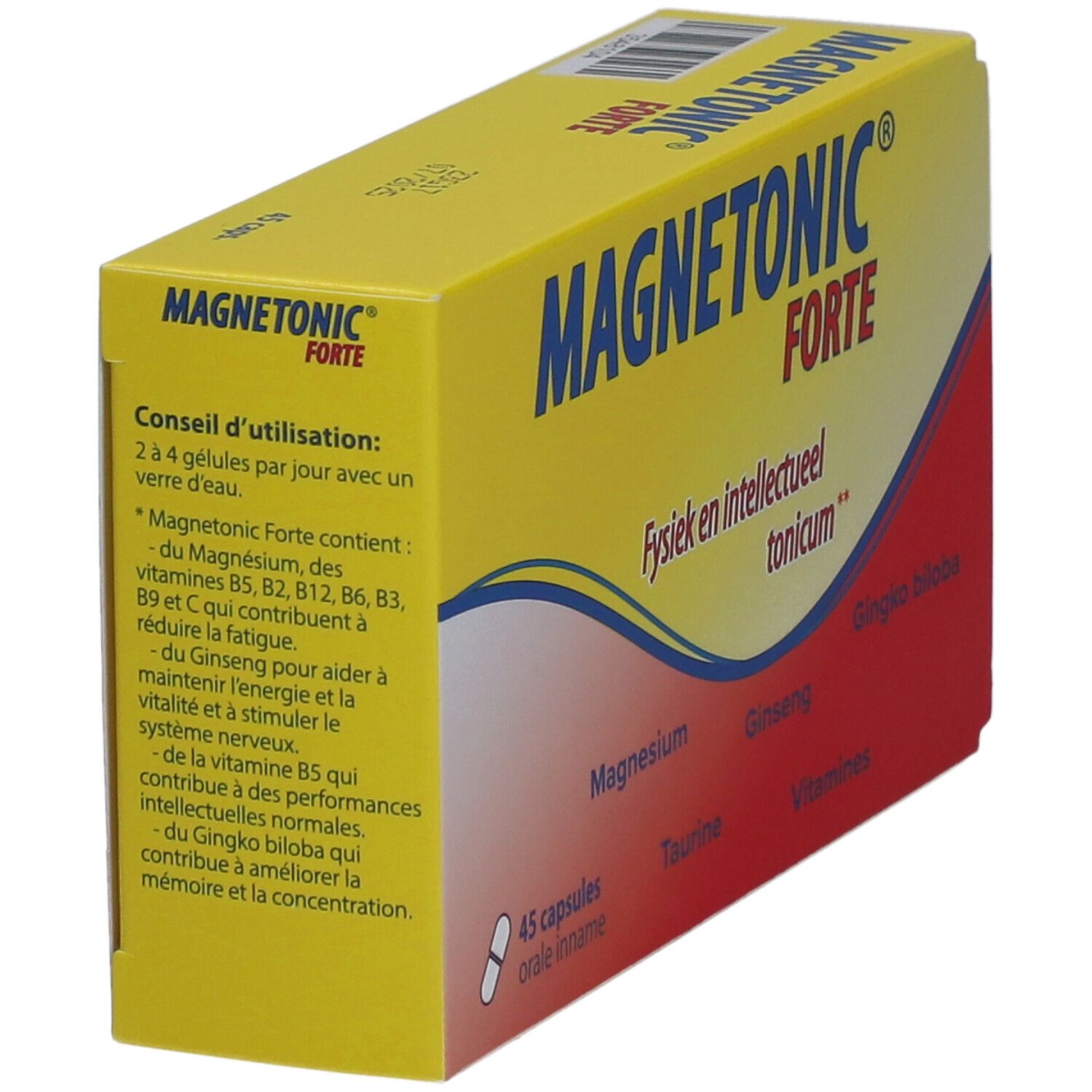 Boîte jaune "Magnetonic Forte". Contient 45 gélules. Inscription : "Fysiek en intellectueel tonicum". Texte sur ingrédients et dosage.