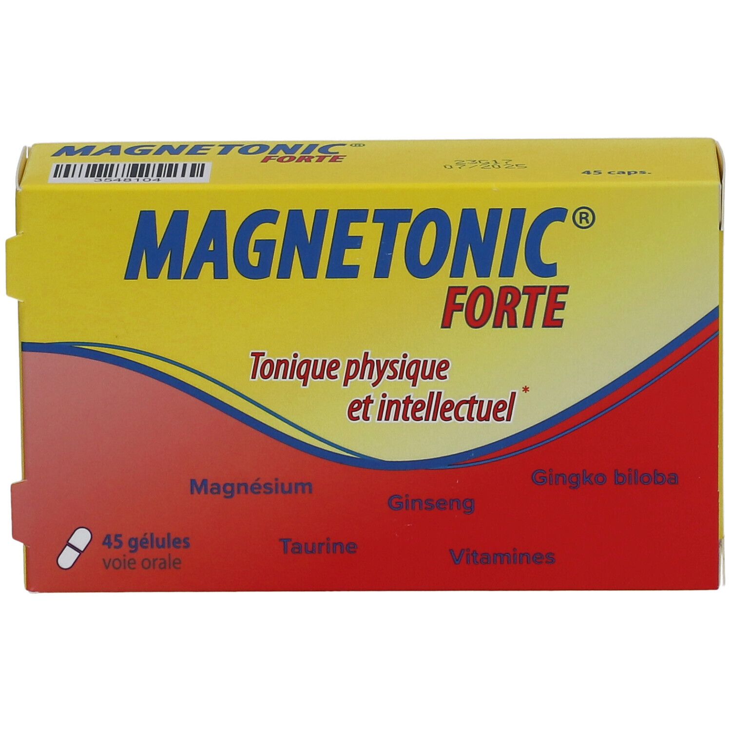 Boîte jaune "Magnetonic Forte". Contient 45 gélules. Inscription : "Tonique physique et intellectuel". Ingrédients visibles.