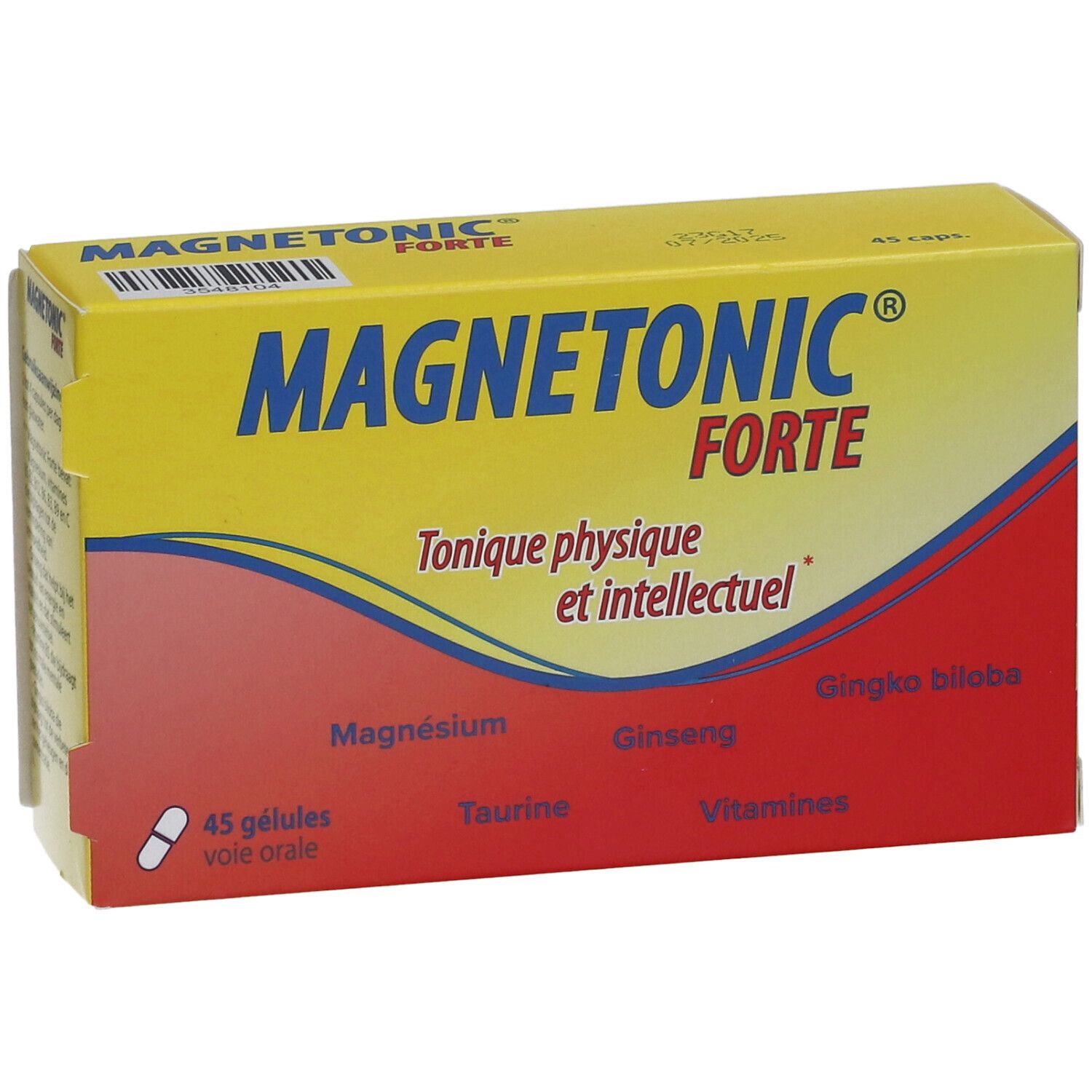 Boîte jaune "Magnetonic Forte". Contient 45 gélules. Inscription : "Tonique physique et intellectuel". Ingrédients visibles.