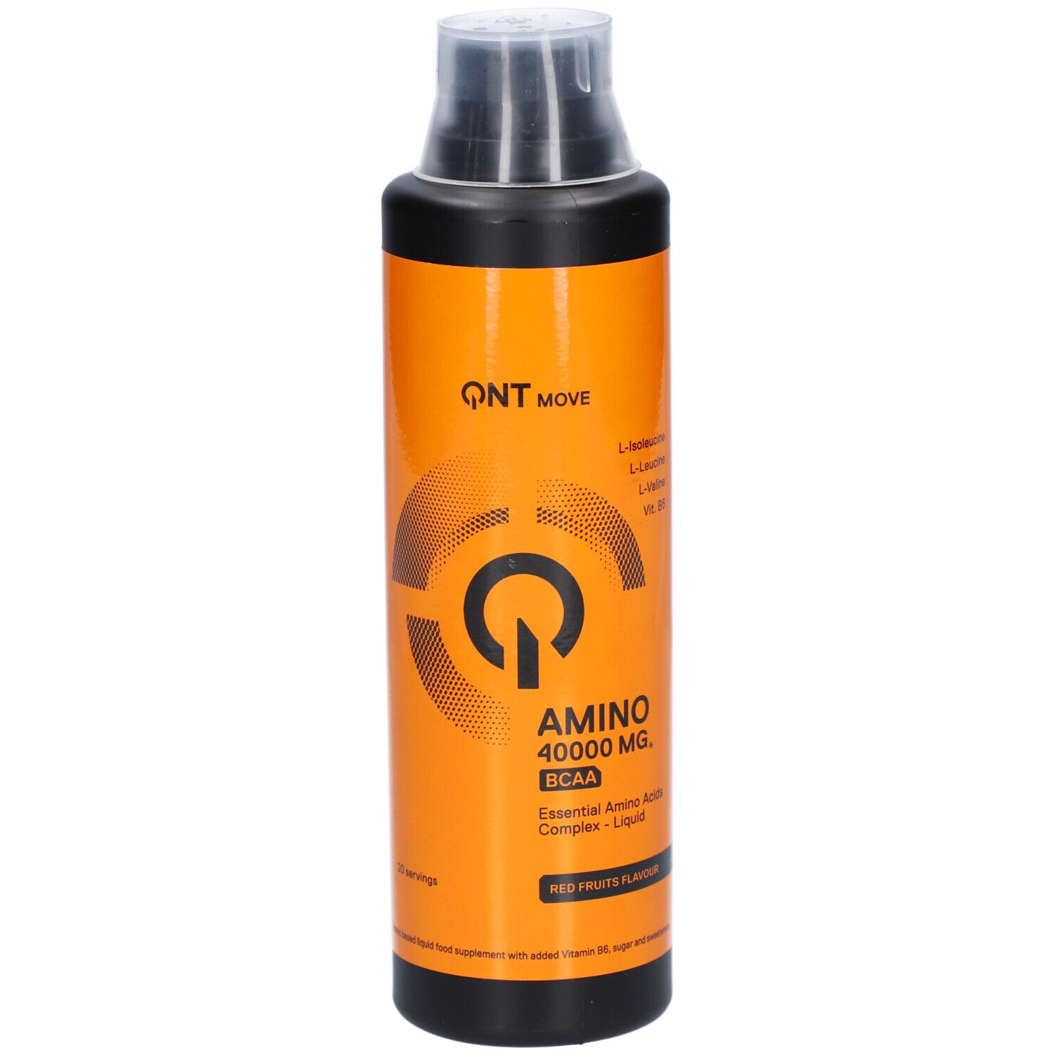 Schwarze Flasche mit orangefarbenem Etikett. Aufschrift: QNT MOVE, AMINO 40000 MG, BCAA. Rote Früchte Geschmack.
