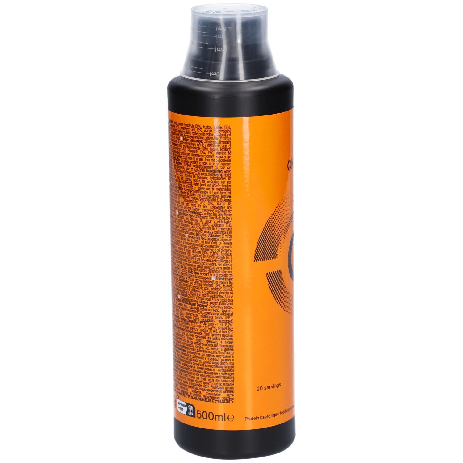 Schwarze Flasche mit orangefarbenem Etikett. Text und Nährwertangaben. 20 Portionen. QNT MOVE, AMINO.