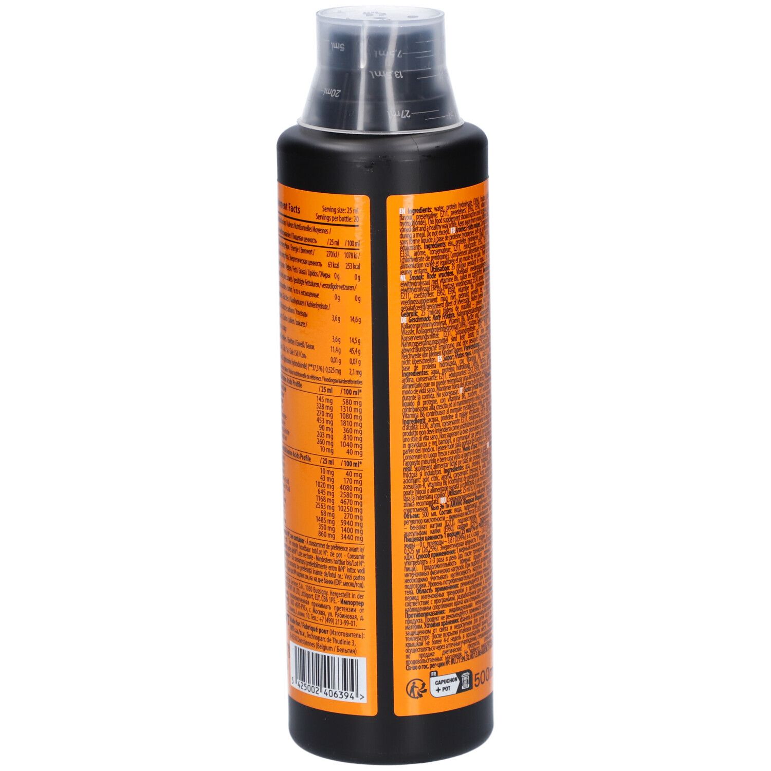 Schwarze Flasche mit orangefarbenem Etikett. Nährwertangaben und Text. QNT MOVE, AMINO.