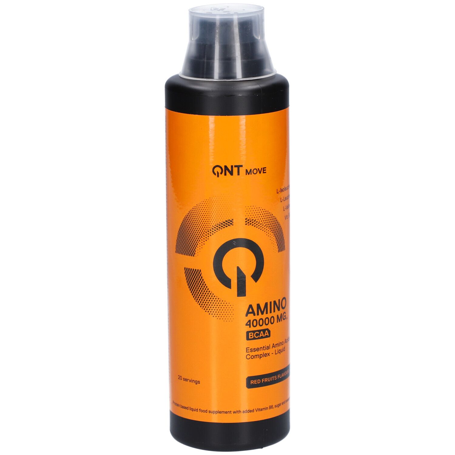 Schwarze Flasche mit orangefarbenem Etikett. Aufschrift: QNT MOVE, AMINO 40000 MG, BCAA. Rote Früchte Geschmack.