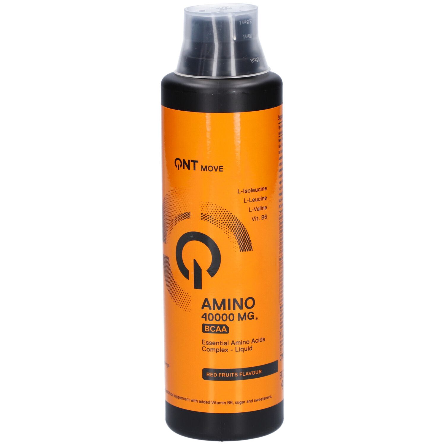 Schwarze Flasche mit orangefarbenem Etikett. Aufschrift: QNT MOVE, AMINO 40000 MG, BCAA. Rote Früchte Geschmack.