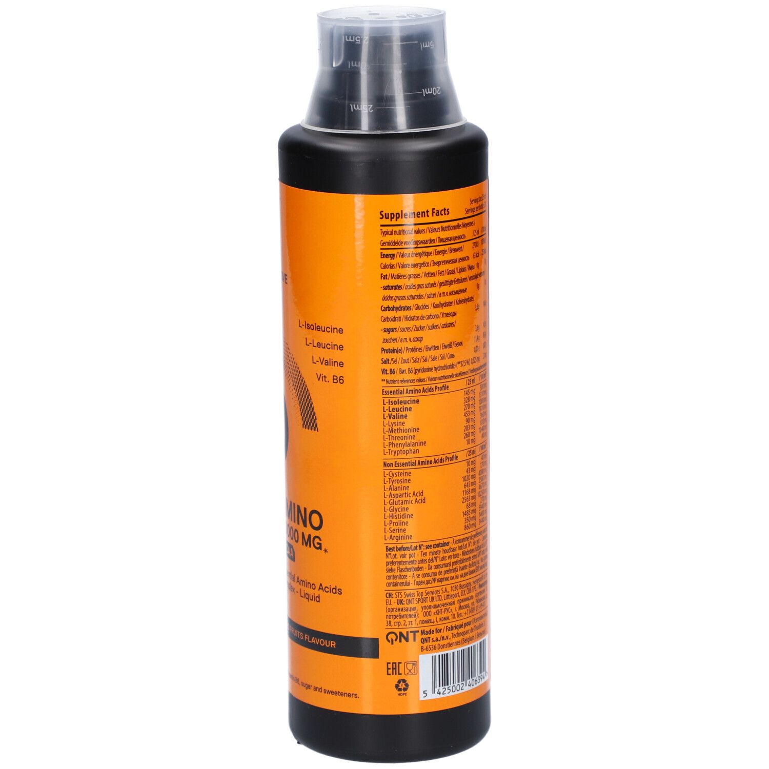 Schwarze Flasche mit orangefarbenem Etikett. Aufschrift: QNT MOVE, AMINO 40000 MG, BCAA. Rote Früchte Geschmack.