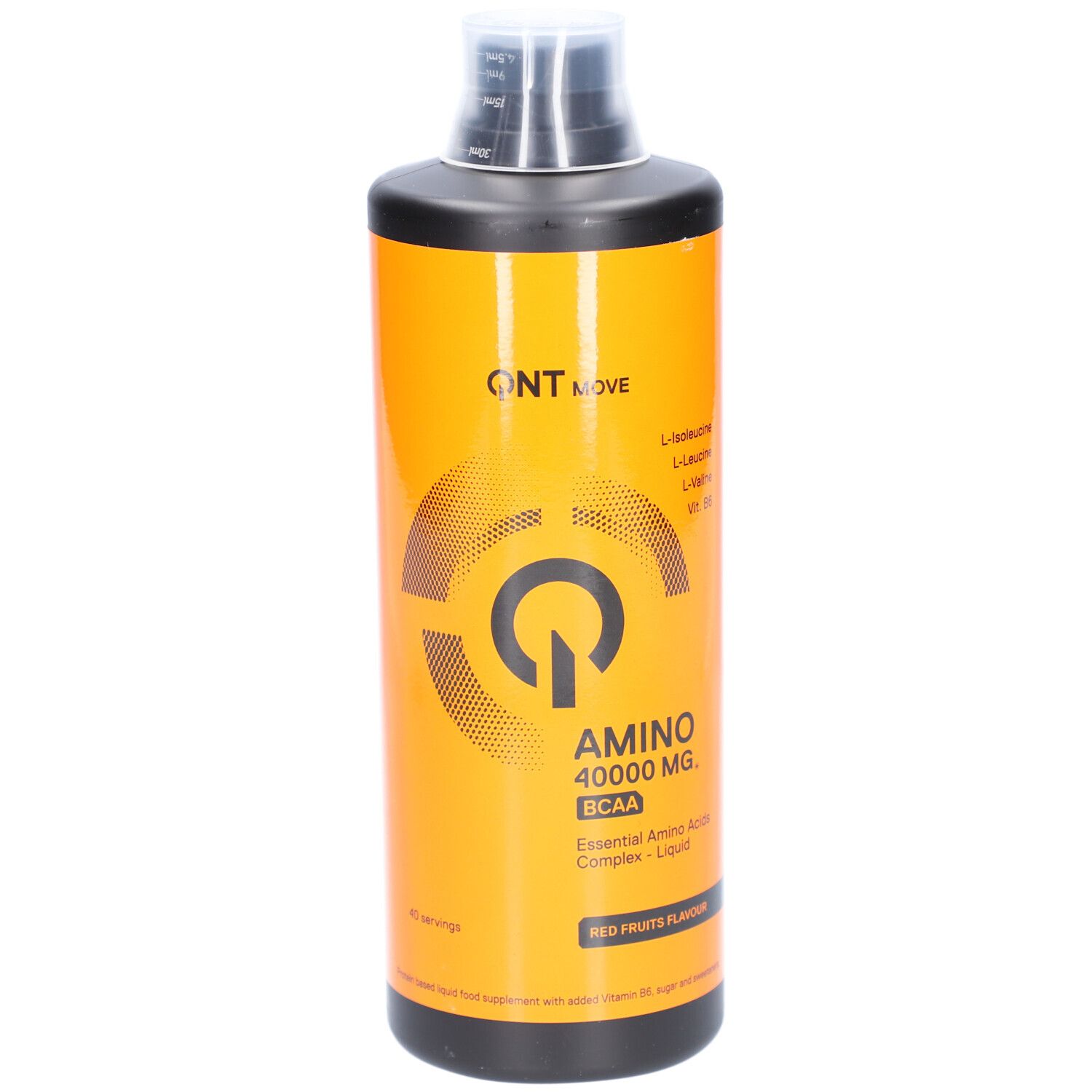 Orangefarbene Flasche mit schwarzem Deckel. Aufschrift: QNT MOVE, AMINO 40000 MG, BCAA, Red Fruits Flavour. Flüssiges Nahrungsergänzungsmittel.