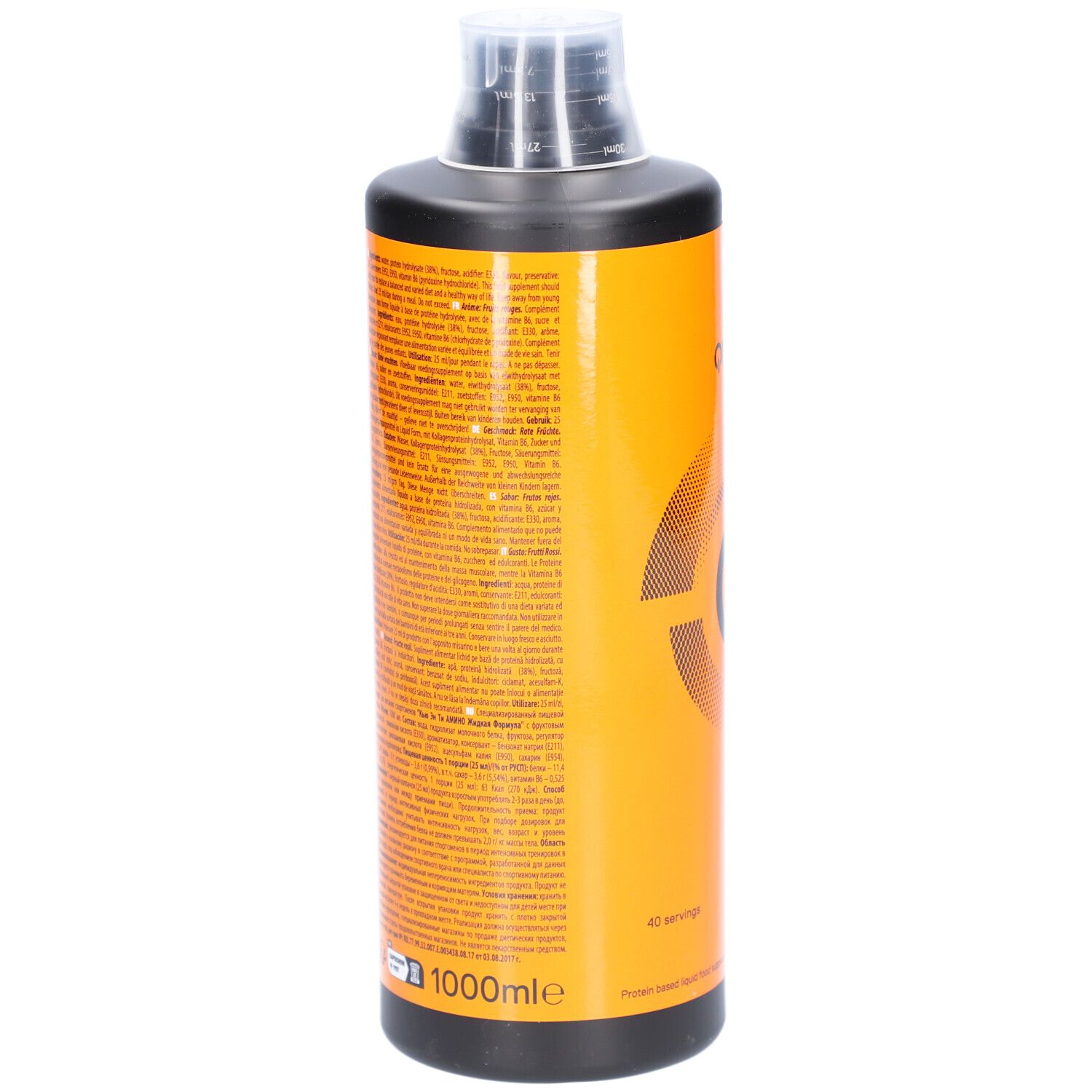 Rückseite einer orangefarbenen Flasche mit schwarzem Deckel. Textliche Informationen. 1000ml. Nahrungsergänzungsmittel.