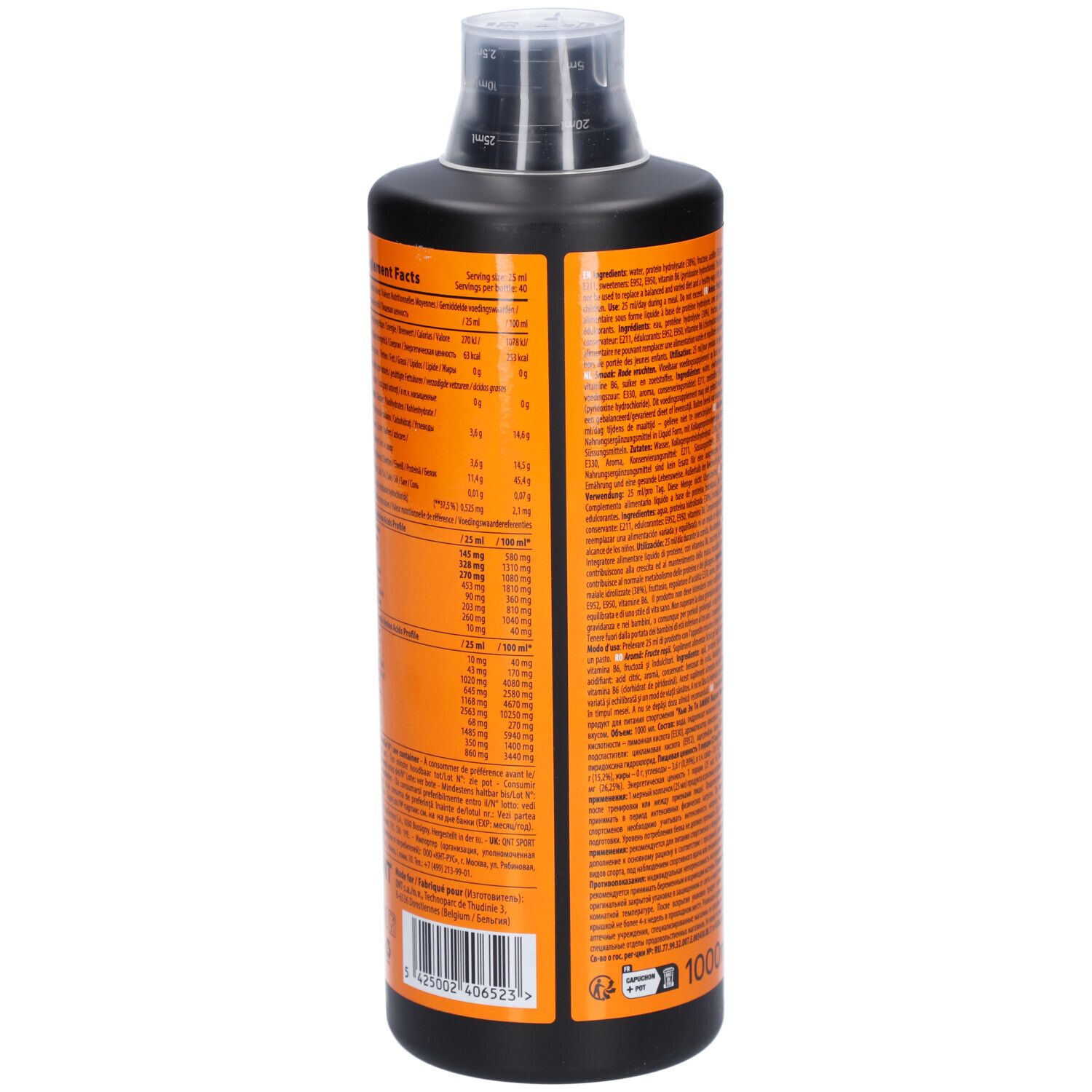 Rückseite einer orangefarbenen Flasche mit schwarzem Deckel. Nährwertangaben und weitere Informationen. 1000ml.
