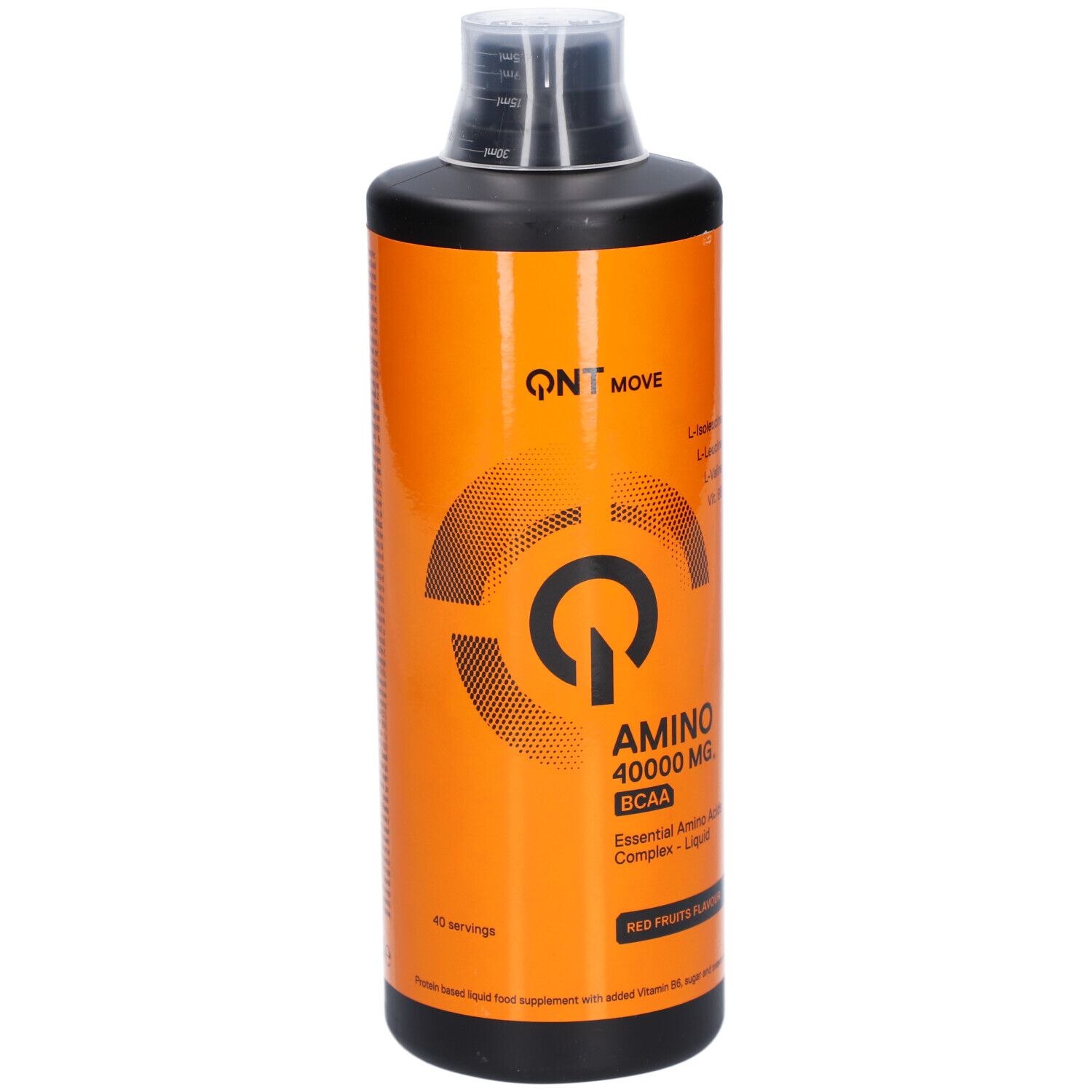 Orangefarbene Flasche mit schwarzem Deckel. Aufschrift: QNT MOVE, AMINO 40000 MG, BCAA, Red Fruits Flavour. Flüssiges Nahrungsergänzungsmittel.