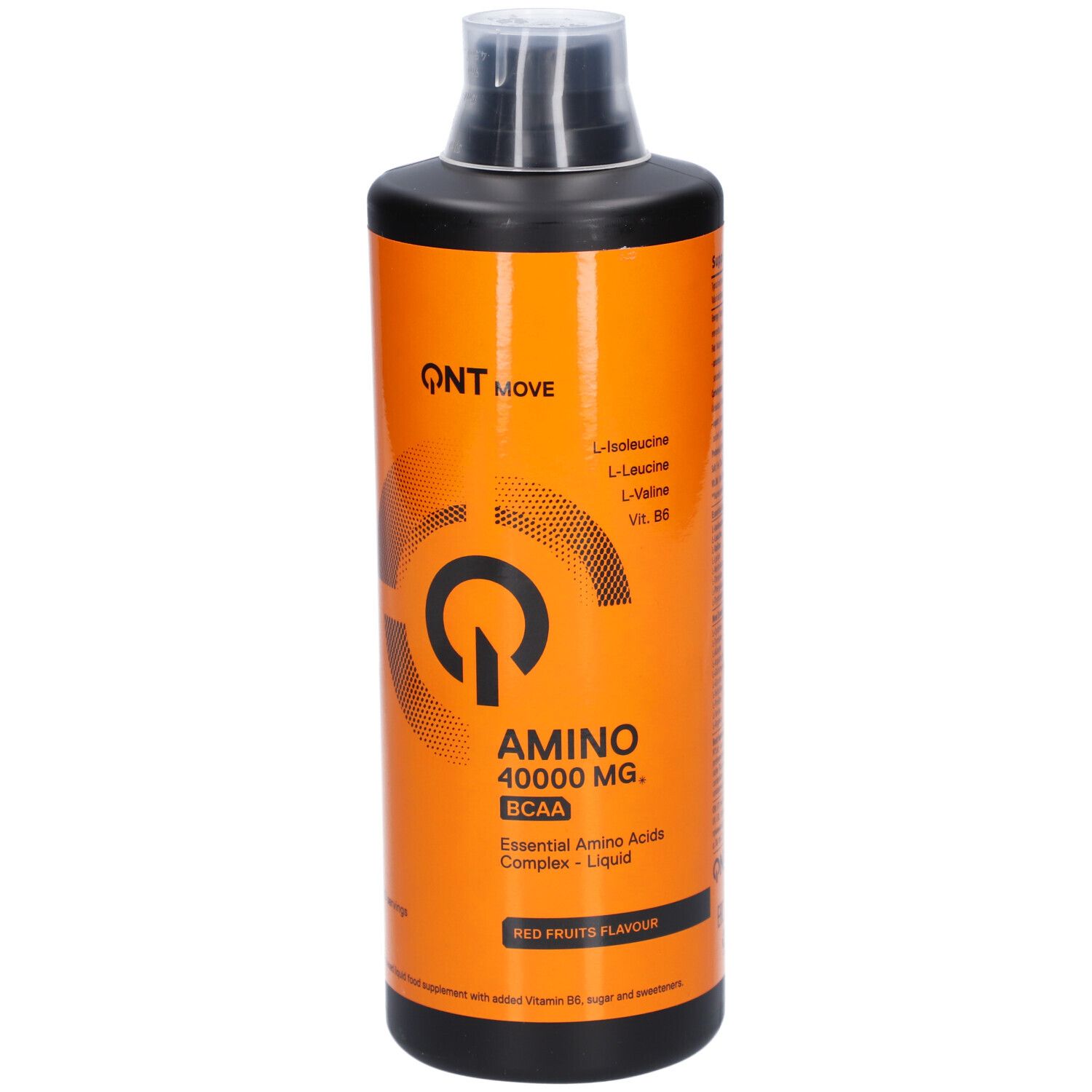 Orangefarbene Flasche mit schwarzem Deckel. Aufschrift: QNT MOVE, AMINO 40000 MG, BCAA, Red Fruits Flavour. Flüssiges Nahrungsergänzungsmittel.