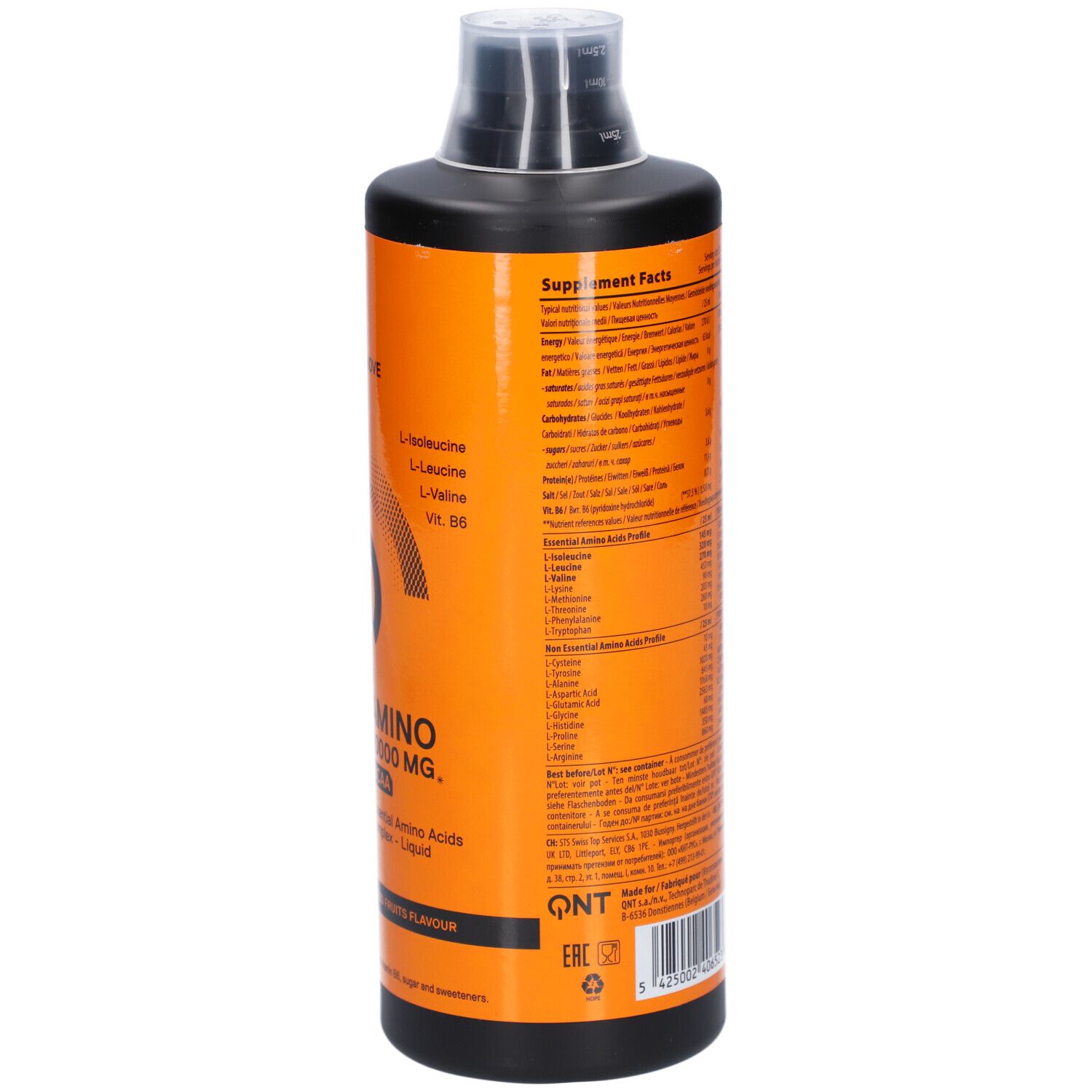 Orangefarbene Flasche mit schwarzem Deckel. Aufschrift: QNT MOVE, AMINO 40000 MG, BCAA, Red Fruits Flavour. Flüssiges Nahrungsergänzungsmittel.