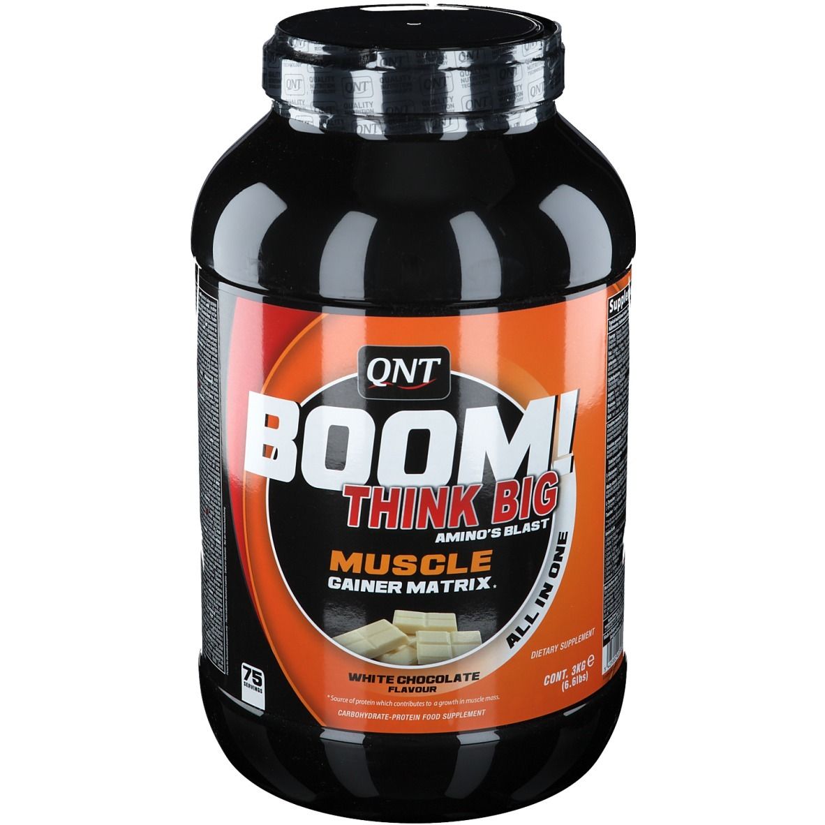 Zwarte pot met witte chocoladesmaak. Opschrift: BOOM! THINK BIG, Muscle Gainer Matrix. QNT-logo.