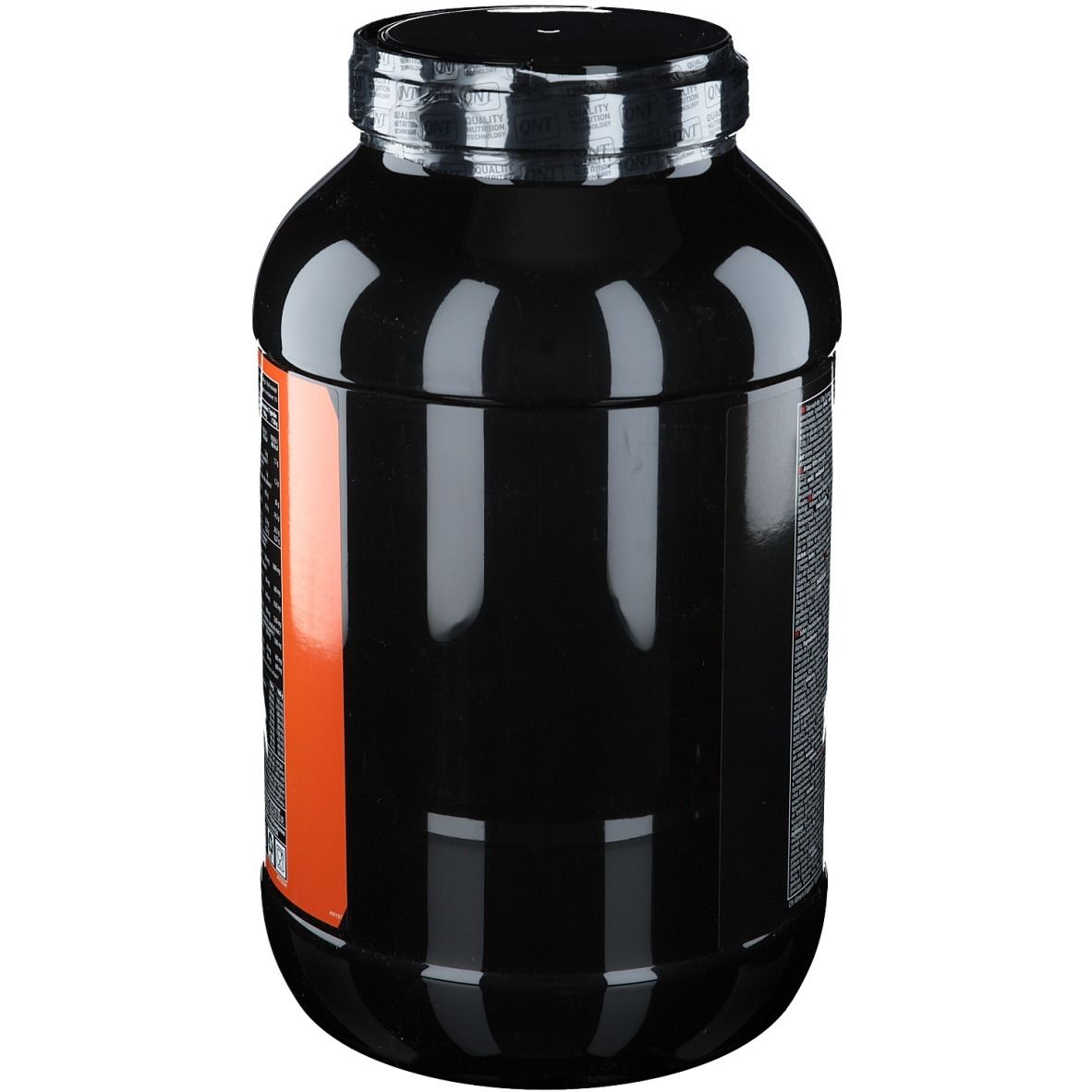 Zwarte pot met oranje streep. Opschriften en productinformatie op de zijkant. Zwart deksel.
