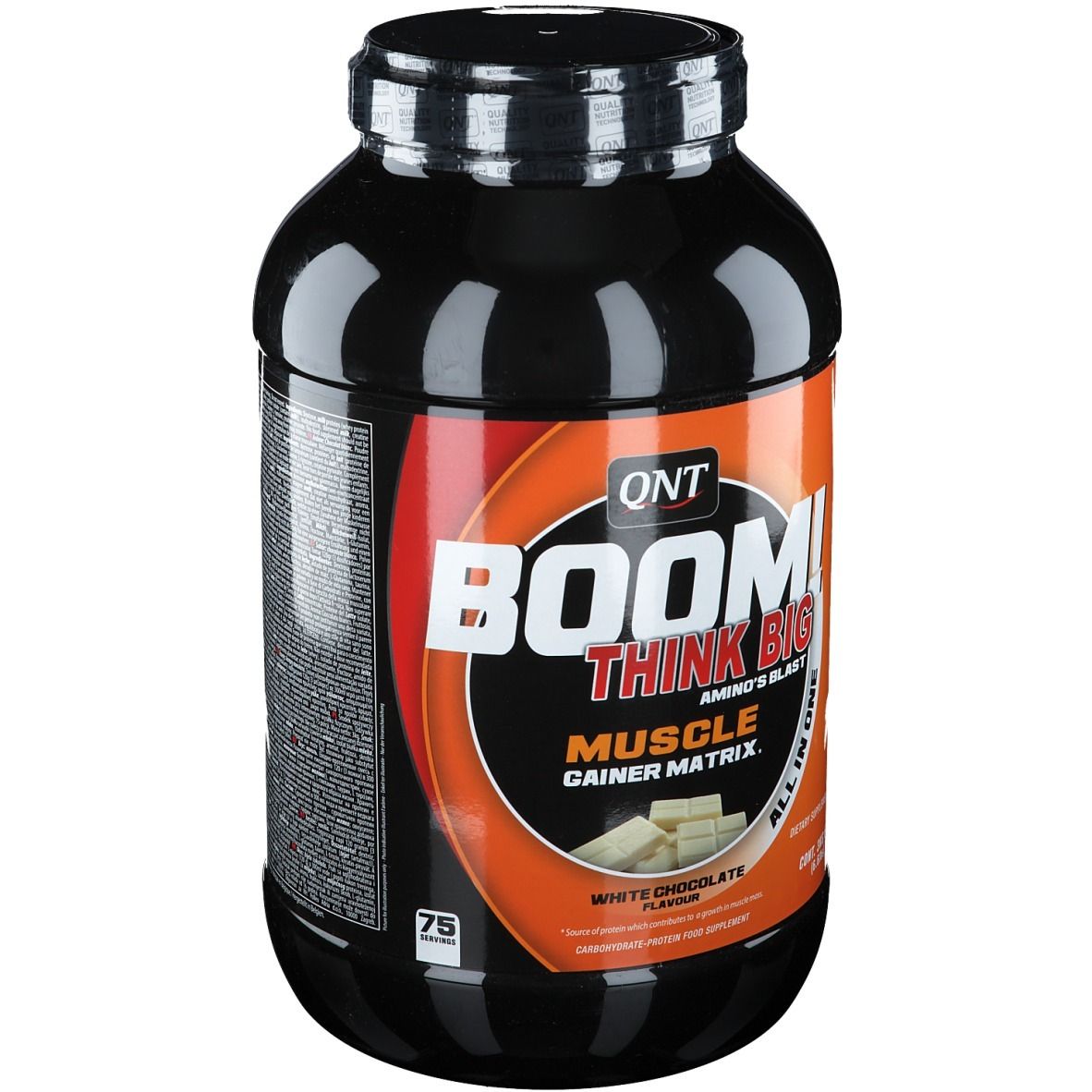 Zwarte pot met witte chocoladesmaak. Opschrift: BOOM! THINK BIG, Muscle Gainer Matrix. QNT-logo.