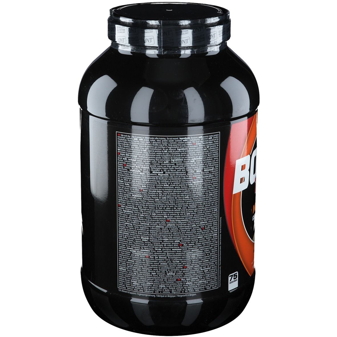 Zwarte pot met oranje streep. Opschriften en productinformatie op de zijkant. Zwart deksel.