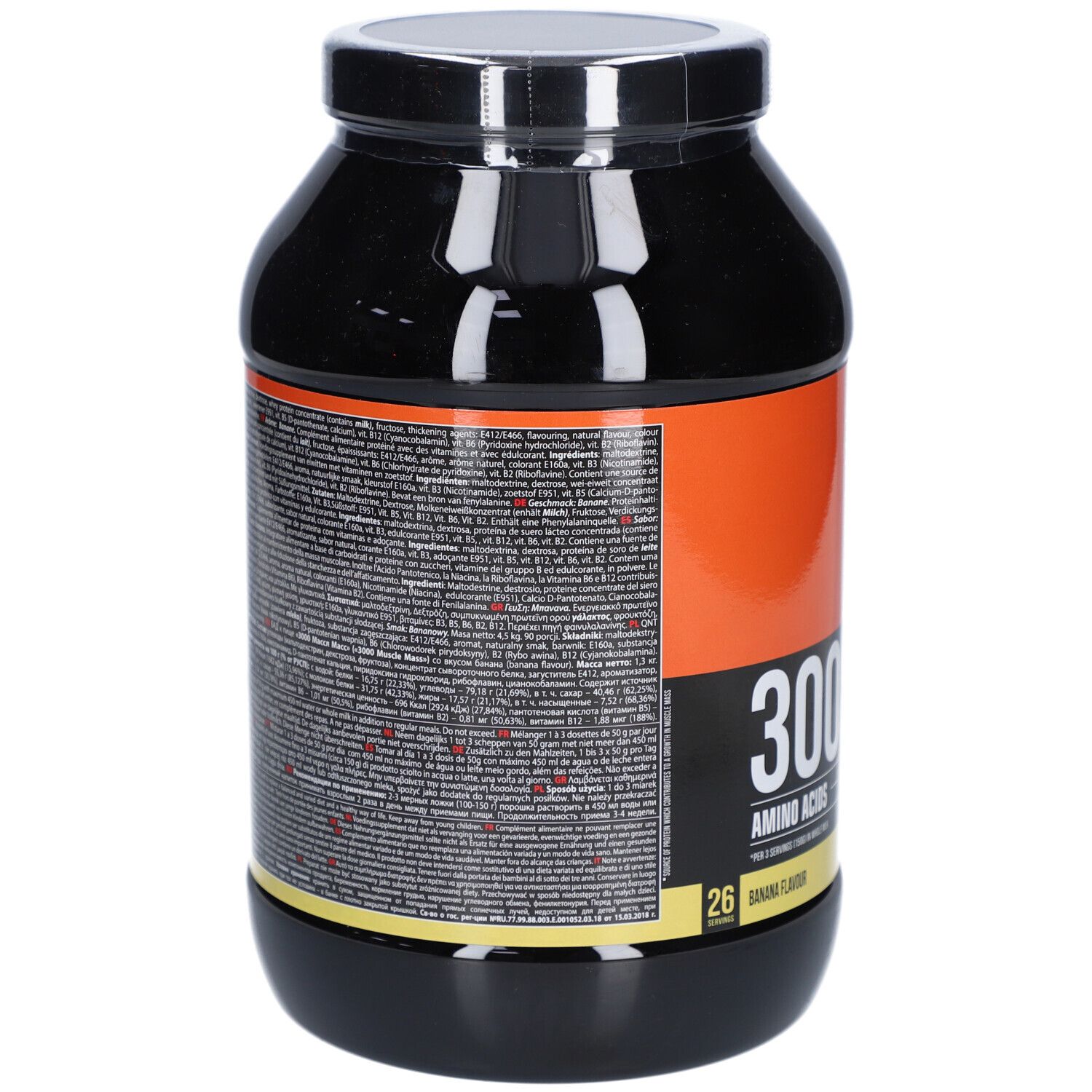 Schwarze Dose mit Text. QNT 3000 Muscle Mass. Bananengeschmack. Textliche Informationen auf der Rückseite der Dose.