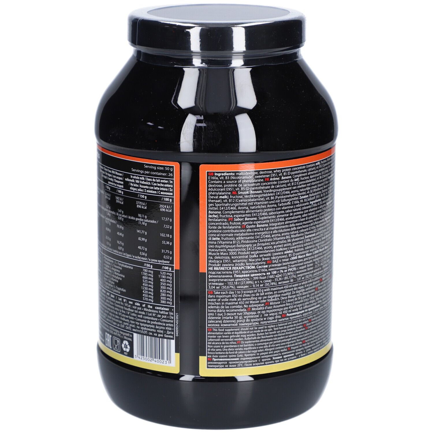 Schwarze Dose mit Text. QNT 3000 Muscle Mass. Nährwertangaben auf der Rückseite. Bananengeschmack.