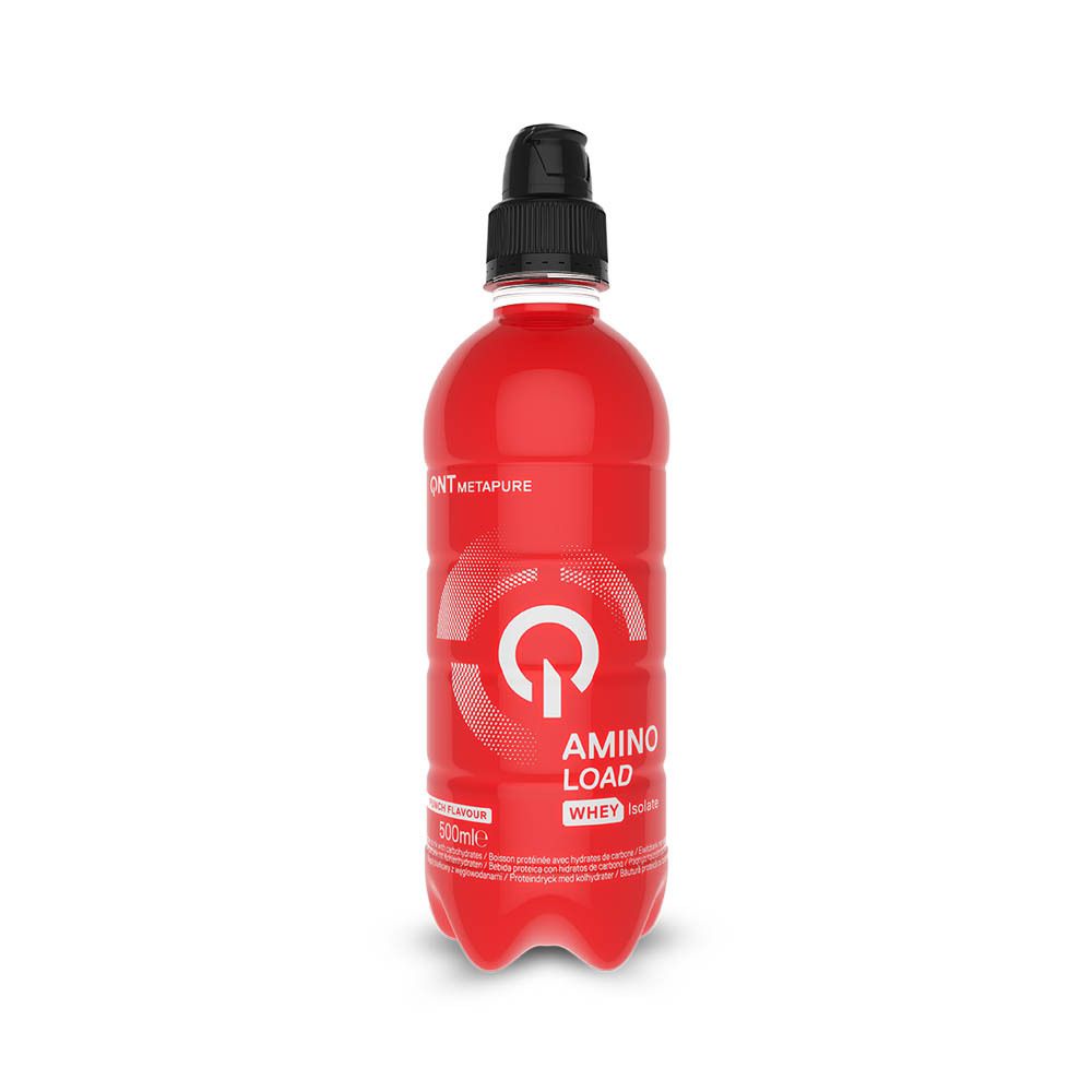 Bouteille rouge avec bouchon noir. Inscription "QNT METAPURE" et "AMINO LOAD". Contient de l'isolat de lactosérum. 500ml.