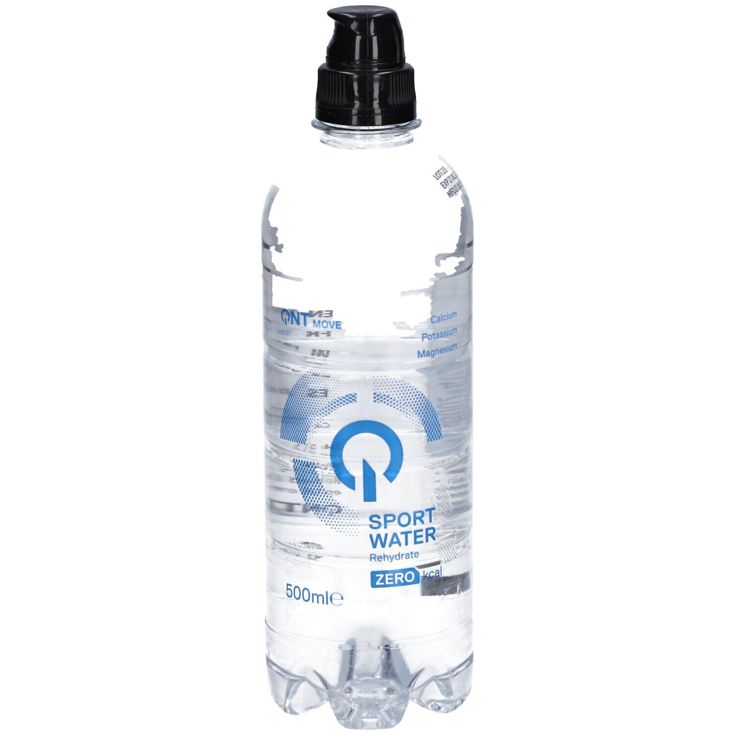 Transparente Flasche mit schwarzem Deckel. Aufschrift: Sport Water Zero. Enthält Mineralien. 500ml.