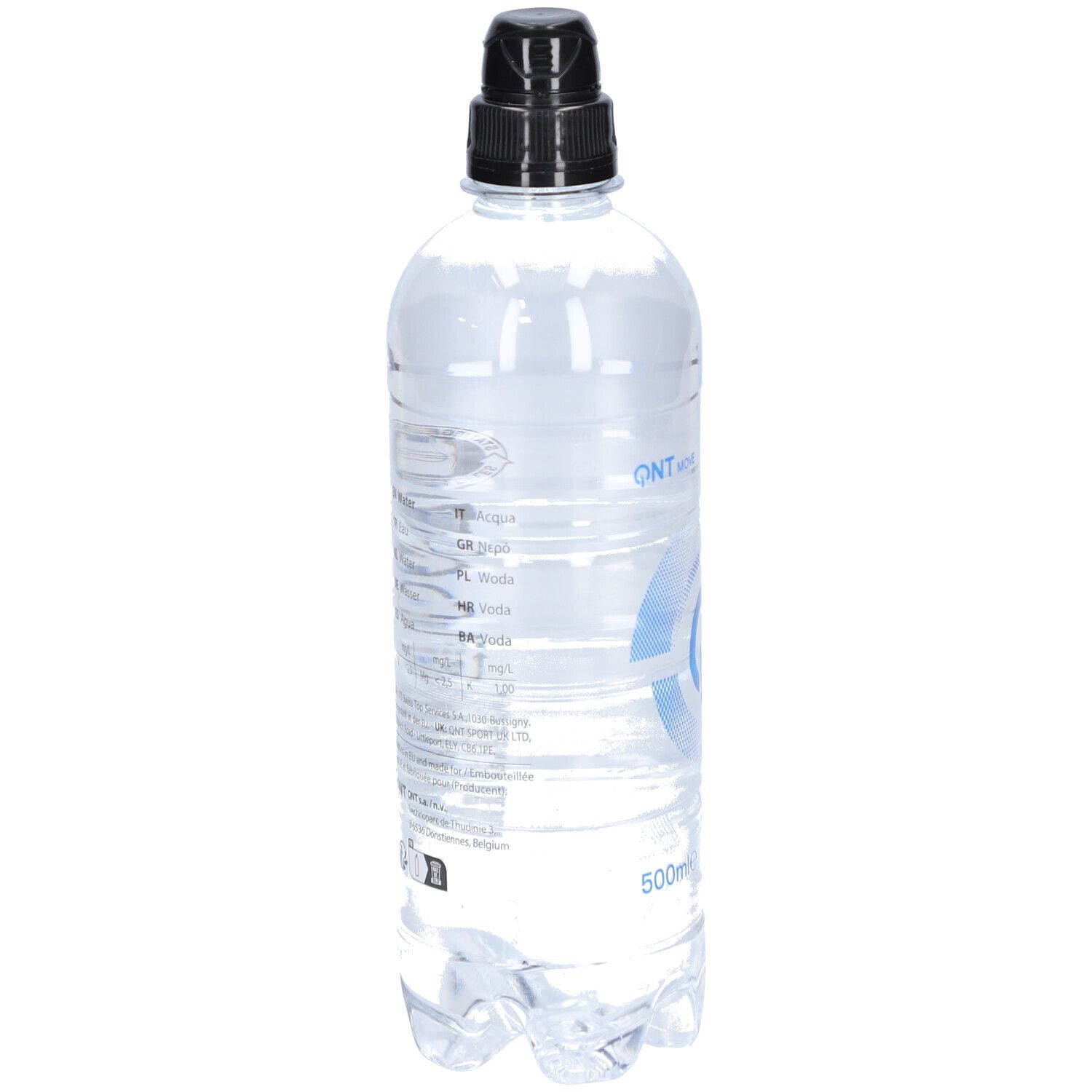 Transparente Flasche mit schwarzem Deckel. Aufschrift: QNT. Enthält Mineralien. 500ml.