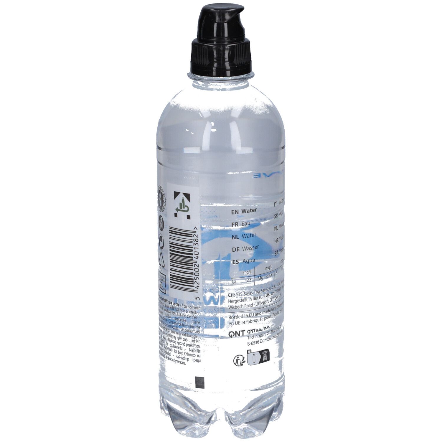 Rückseite einer transparenten Flasche mit schwarzem Deckel. Aufschrift: QNT. Enthält Mineralien. 500ml.