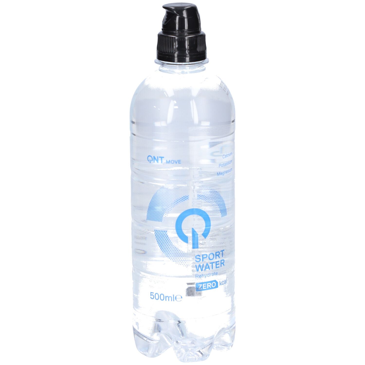 Transparente Flasche mit schwarzem Deckel. Aufschrift: Sport Water Zero. Enthält Mineralien. 500ml.