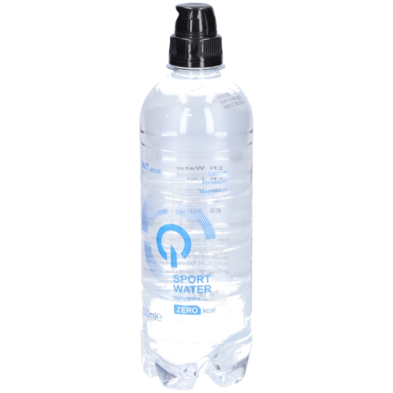 Transparente Flasche mit schwarzem Deckel. Aufschrift: Sport Water Zero. Enthält Mineralien. 500ml.