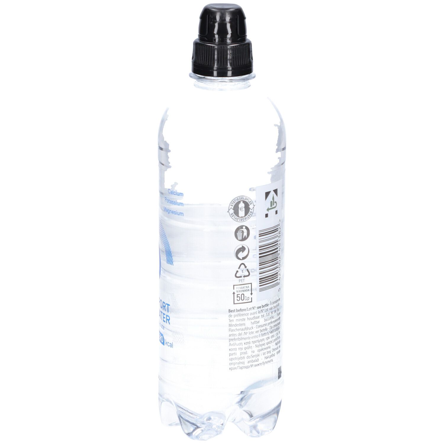 Rückseite einer transparenten Flasche mit schwarzem Deckel. Aufschrift: QNT. Enthält Mineralien. 500ml.