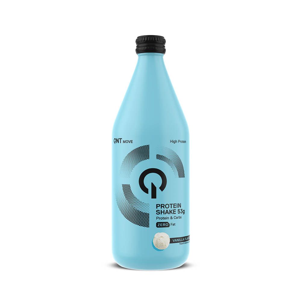 QNT Move Protein Shake, bouteille en verre, vanille. Liquide bleu clair, bouchon noir. Inscription: Protein Shake 53g, Zero Fat.