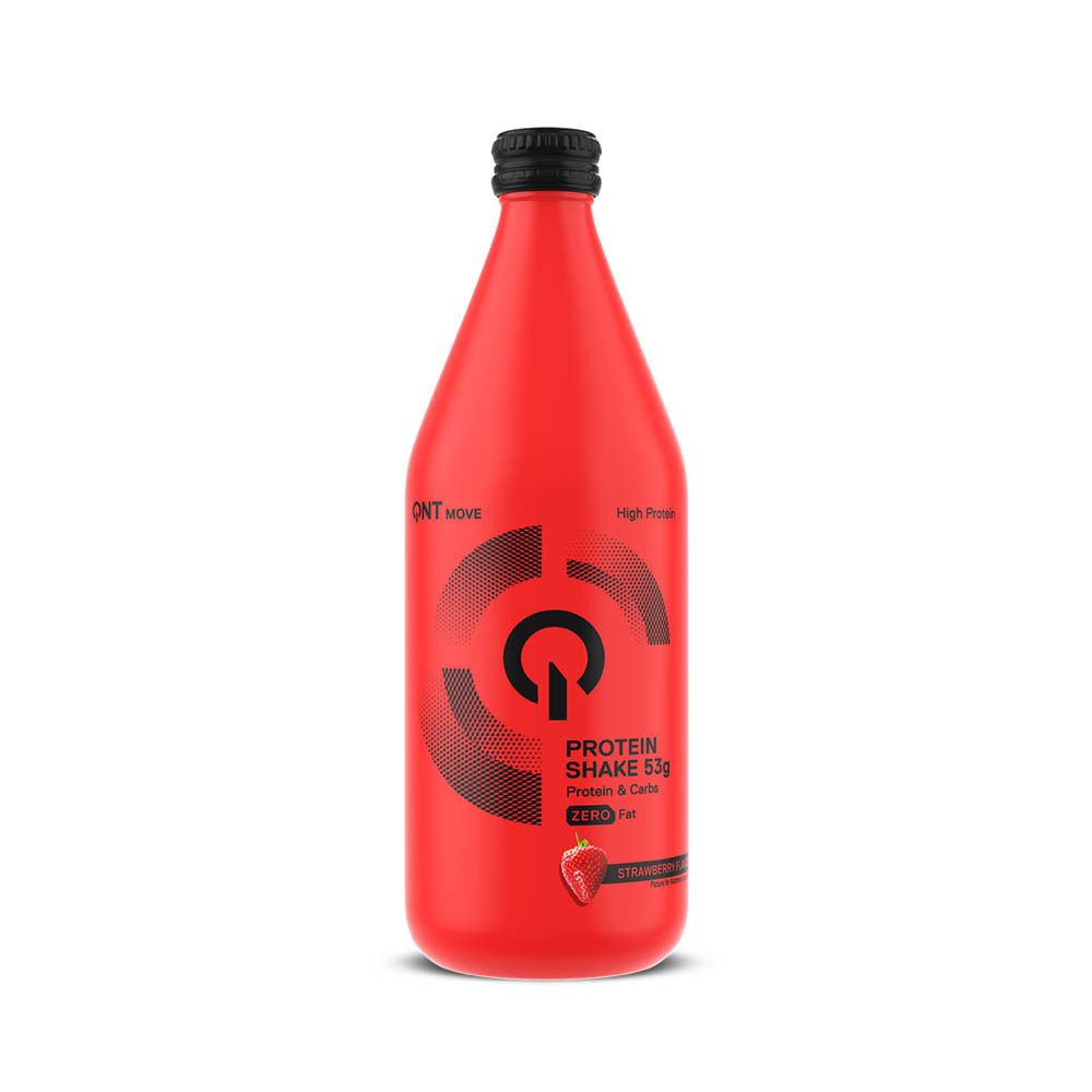 Bouteille rouge, bouchon noir. Inscription: Protein Shake 53g, goût fraise. Logo: QNT Move.