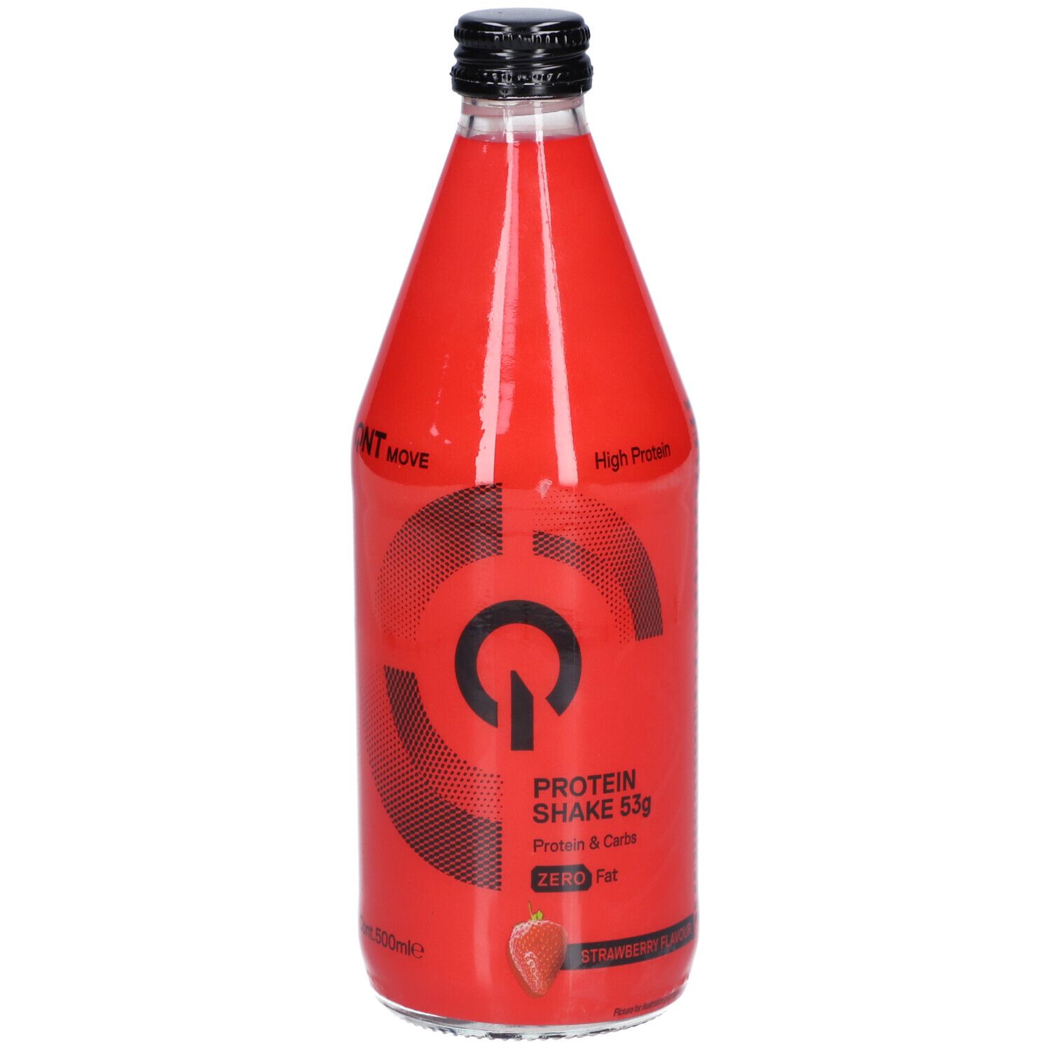 Rote Glasflasche mit schwarzem Deckel. Aufschrift: Protein Shake 53g, Erdbeergeschmack. Logo: QNT Move.