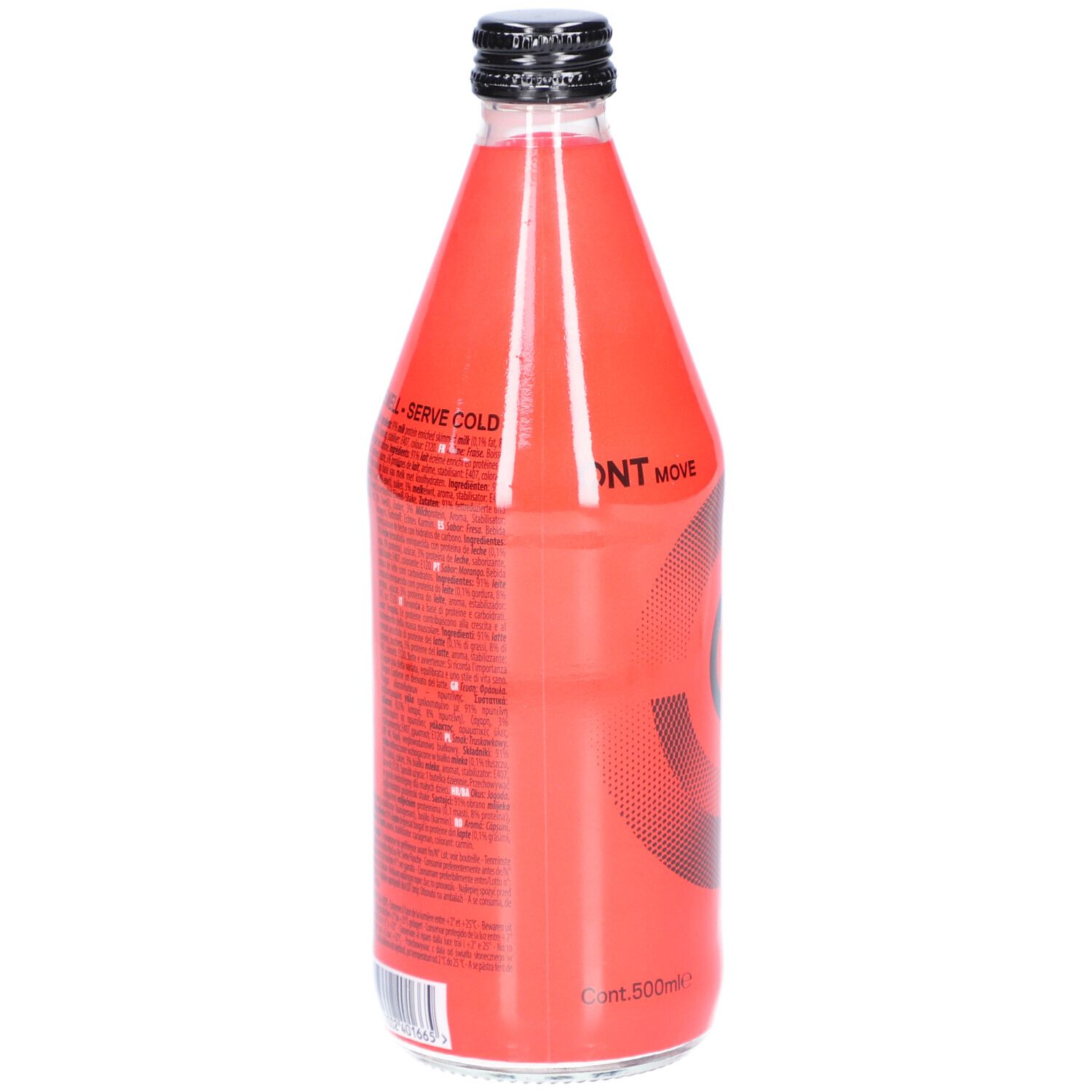 Rückseite der roten Glasflasche. Text und Nährwertangaben. Schwarzer Deckel. QNT Move Logo.