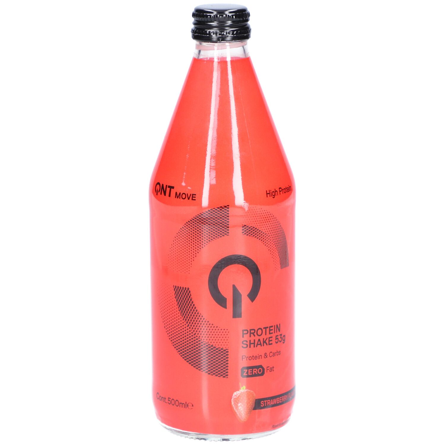 Rote Glasflasche mit schwarzem Deckel. Aufschrift: Protein Shake 53g, Erdbeergeschmack. Logo: QNT Move.