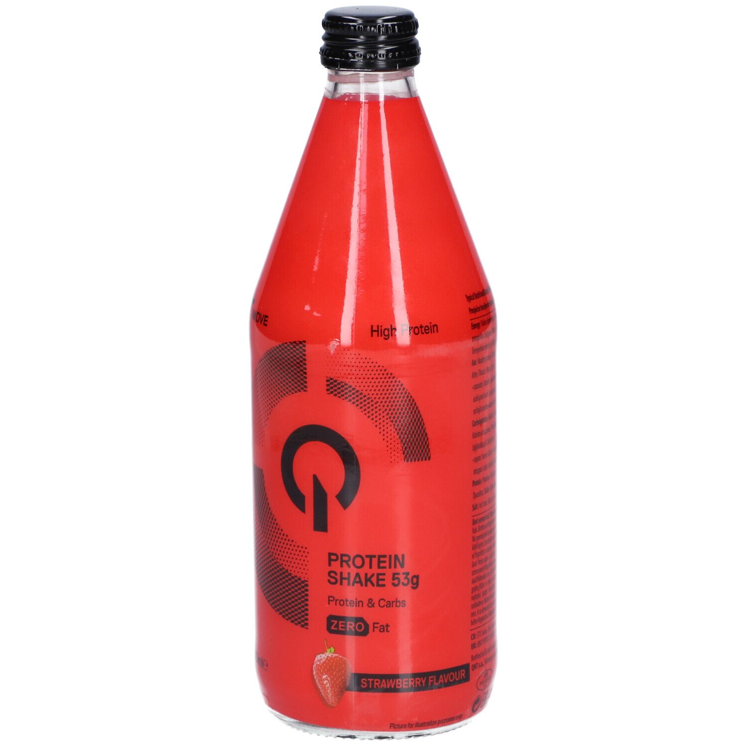 Rote Glasflasche mit schwarzem Deckel. Aufschrift: Protein Shake 53g, Erdbeergeschmack. Logo: QNT Move.