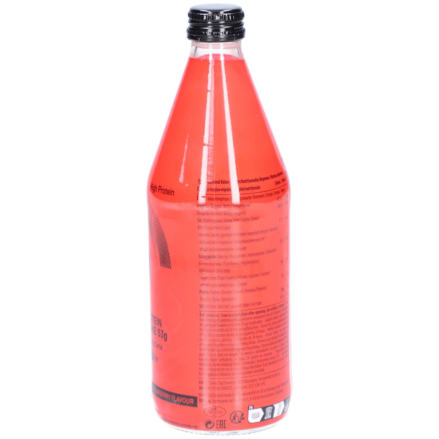 Rückseite der roten Glasflasche. Text und Nährwertangaben. Schwarzer Deckel. QNT Move Logo.
