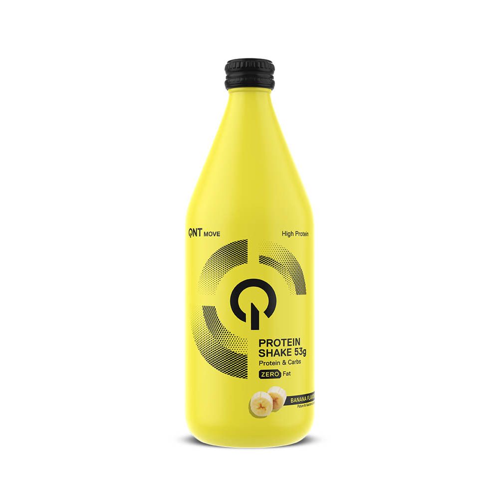 Bouteille en verre jaune avec bouchon noir. Inscription: Protein Shake 53g, Zero Fat, goût banane. Logo QNT Move.