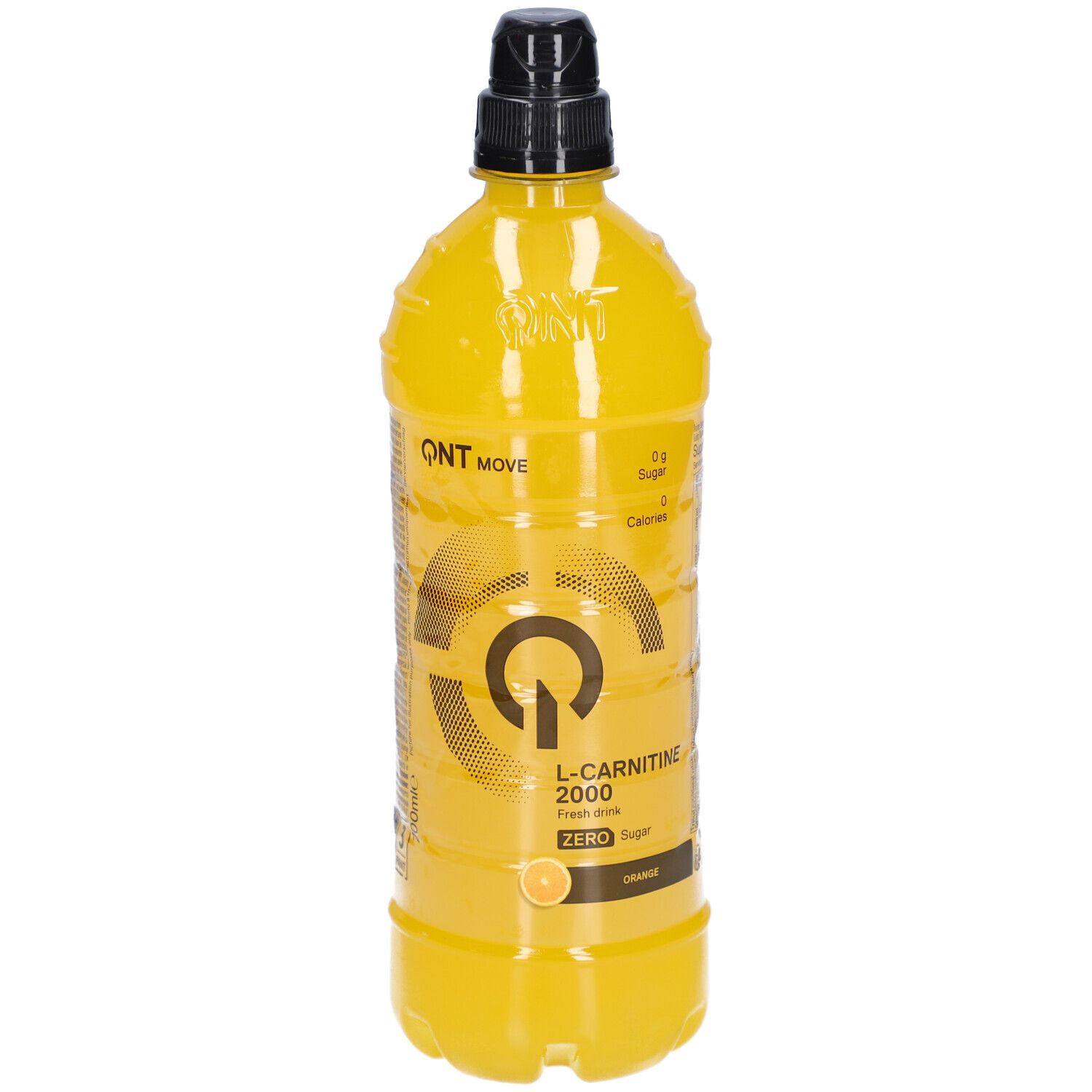 Gelbe Flasche mit schwarzem Deckel. Aufschrift: QNT Move, L-Carnitine 2000, Zero Sugar, Orange. Logo mit Kreis und G.