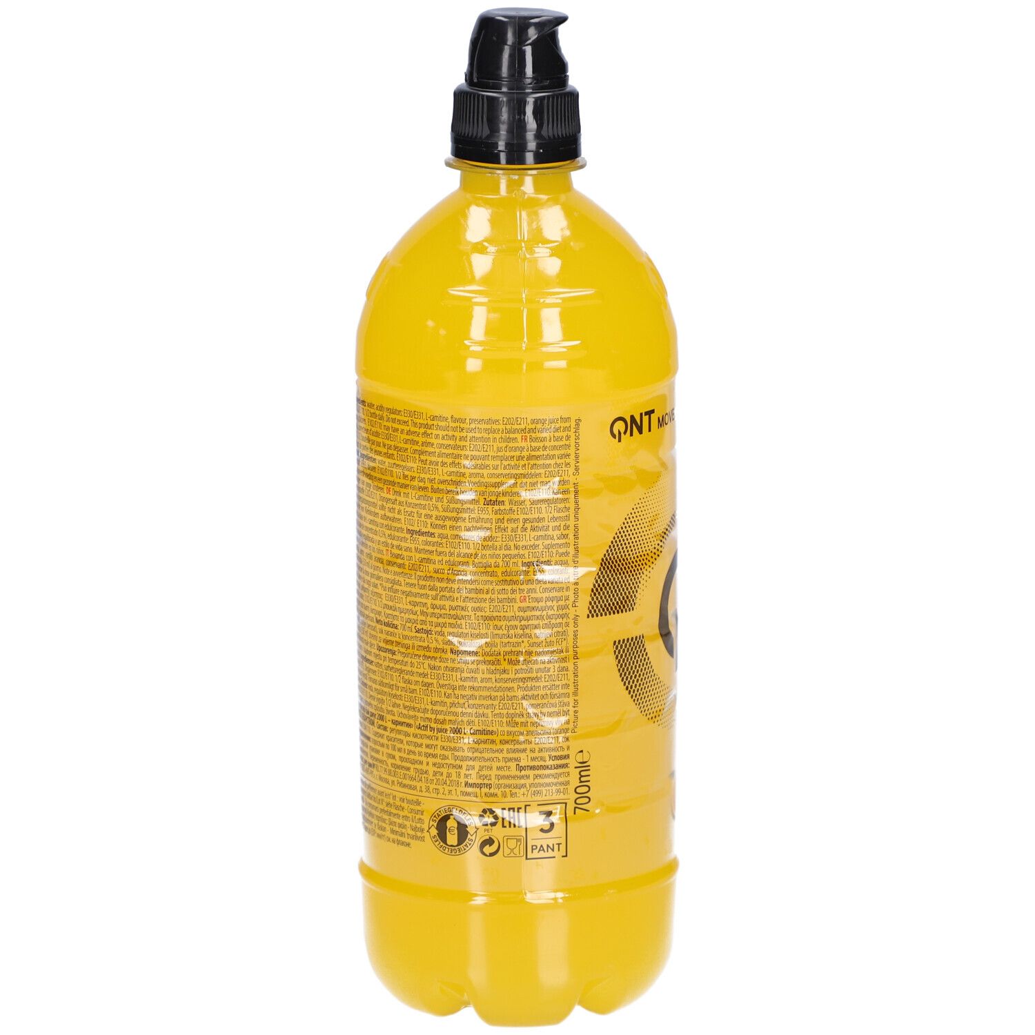 Gelbe Flasche mit schwarzem Deckel. Rückseite mit Text. Aufschrift: QNT. Volumen: 700ml. Mit Recycling-Symbolen.