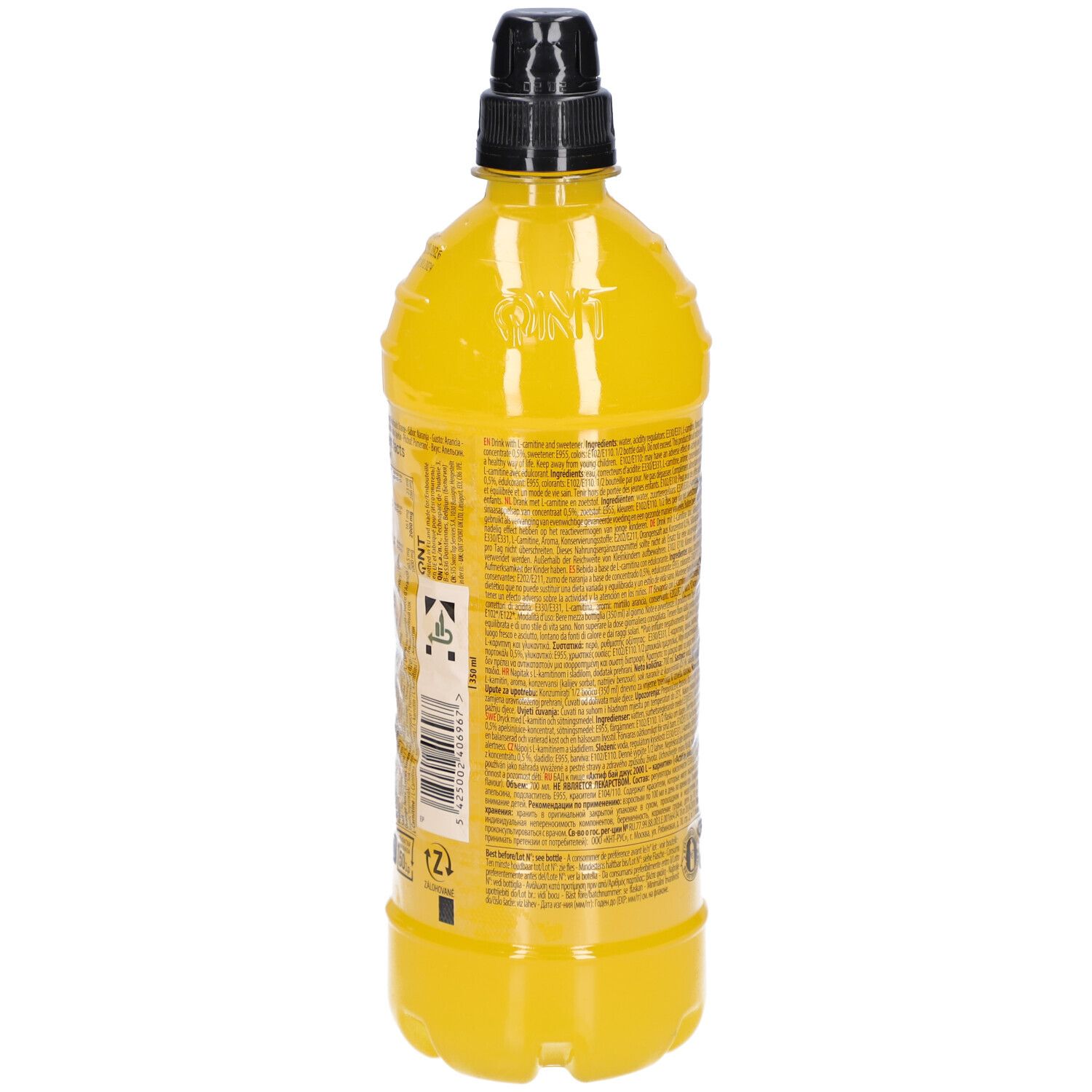 Gelbe Flasche mit schwarzem Deckel. Rückseite mit Text und Barcode. Aufschrift: QNT. Mit Recycling-Symbolen.