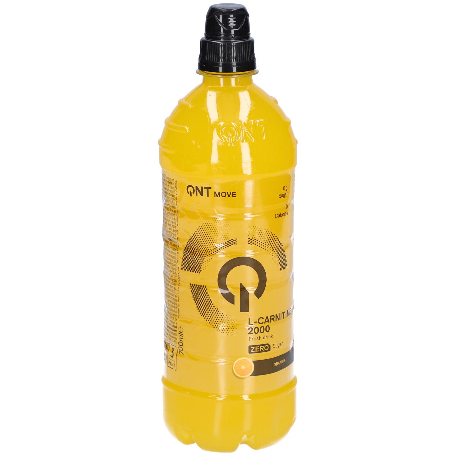 Gelbe Flasche mit schwarzem Deckel. Aufschrift: QNT Move, L-Carnitine 2000, Zero Sugar, Orange. Logo mit Kreis und G.