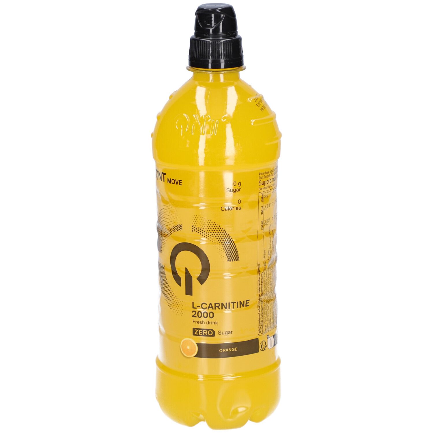 Gelbe Flasche mit schwarzem Deckel. Aufschrift: QNT Move, L-Carnitine 2000, Zero Sugar, Orange. Logo mit Kreis und G.