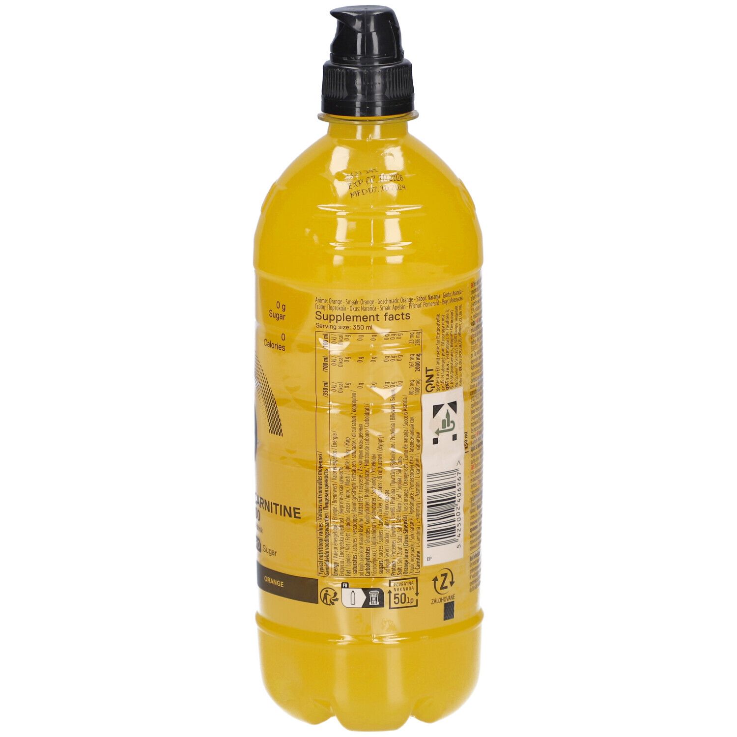 Gelbe Flasche mit schwarzem Deckel. Rückseite mit Text und Barcode. Aufschrift: QNT. Mit Recycling-Symbolen.