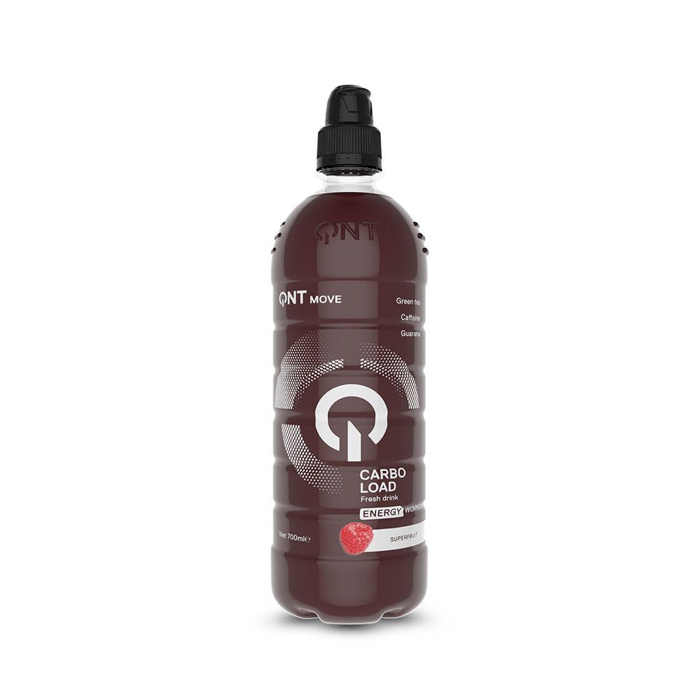 Bouteille marron avec bouchon noir. Inscriptions QNT MOVE, CARBO LOAD, ENERGY. Illustration d'une framboise.