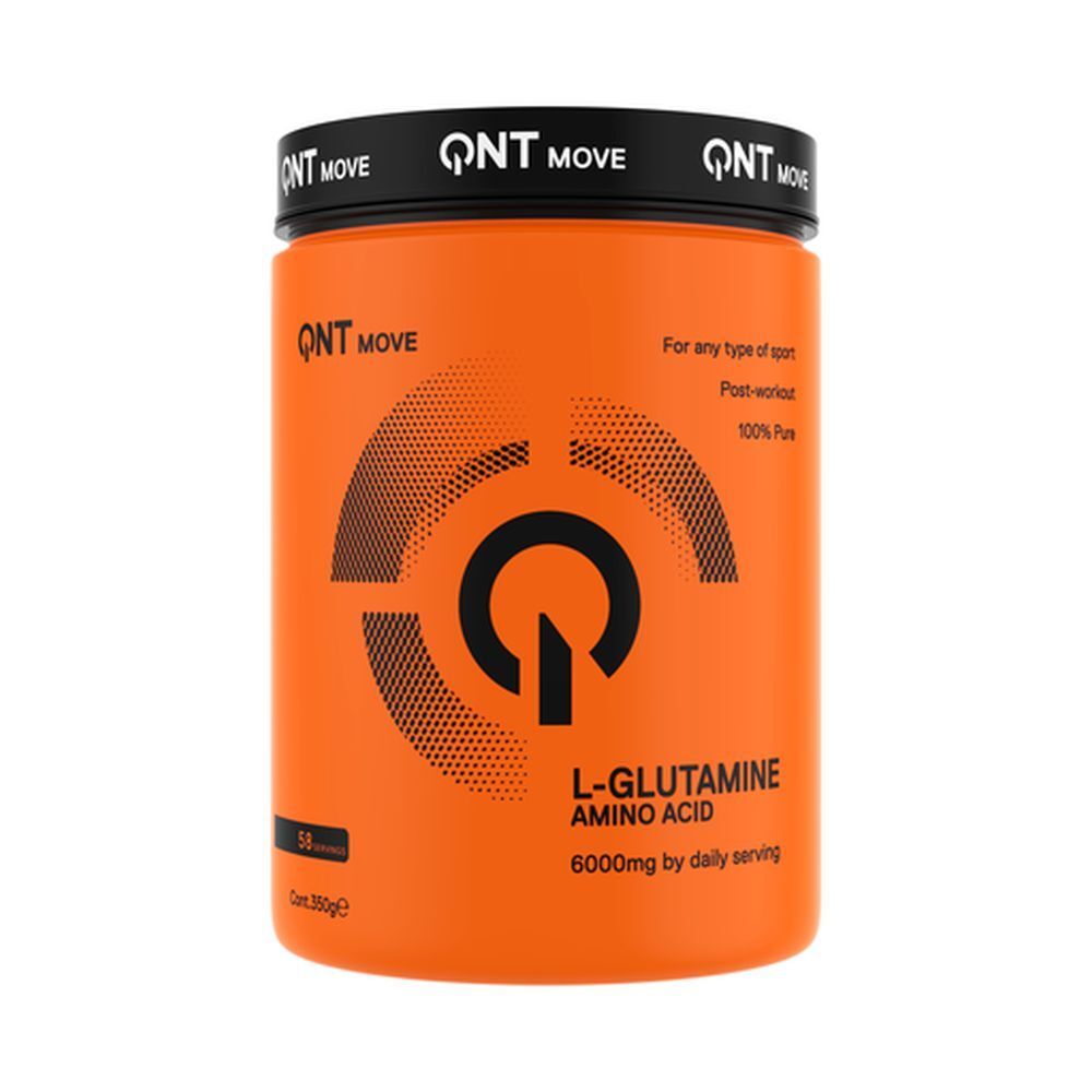 Pot orange avec couvercle noir. Inscription: QNT MOVE, L-Glutamine, 6000mg. 58 portions. 300g.
