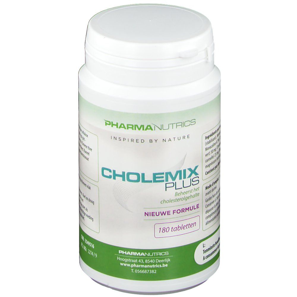 Witte tablettenfles met groen etiket. Opschrift: PharmaNutrics, Cholemix Plus, 180 tabletten. Deksel boven.