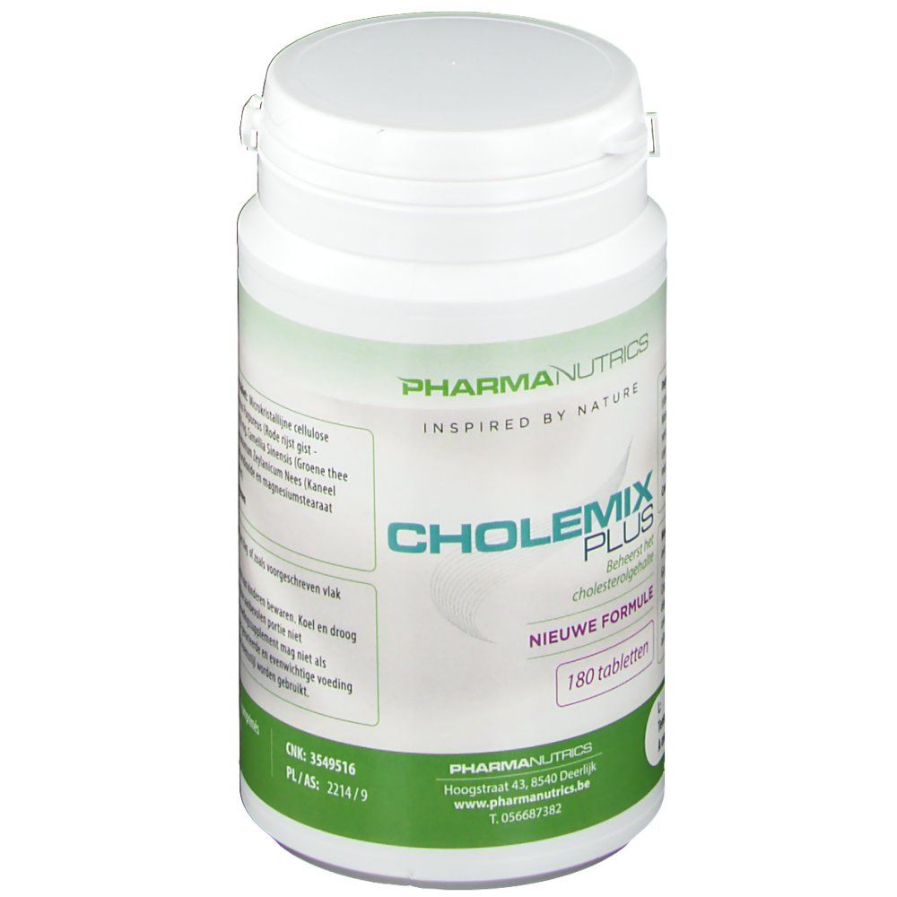 Witte tablettenfles met groen etiket. Opschrift: PharmaNutrics, Cholemix Plus, 180 tabletten. Deksel boven.