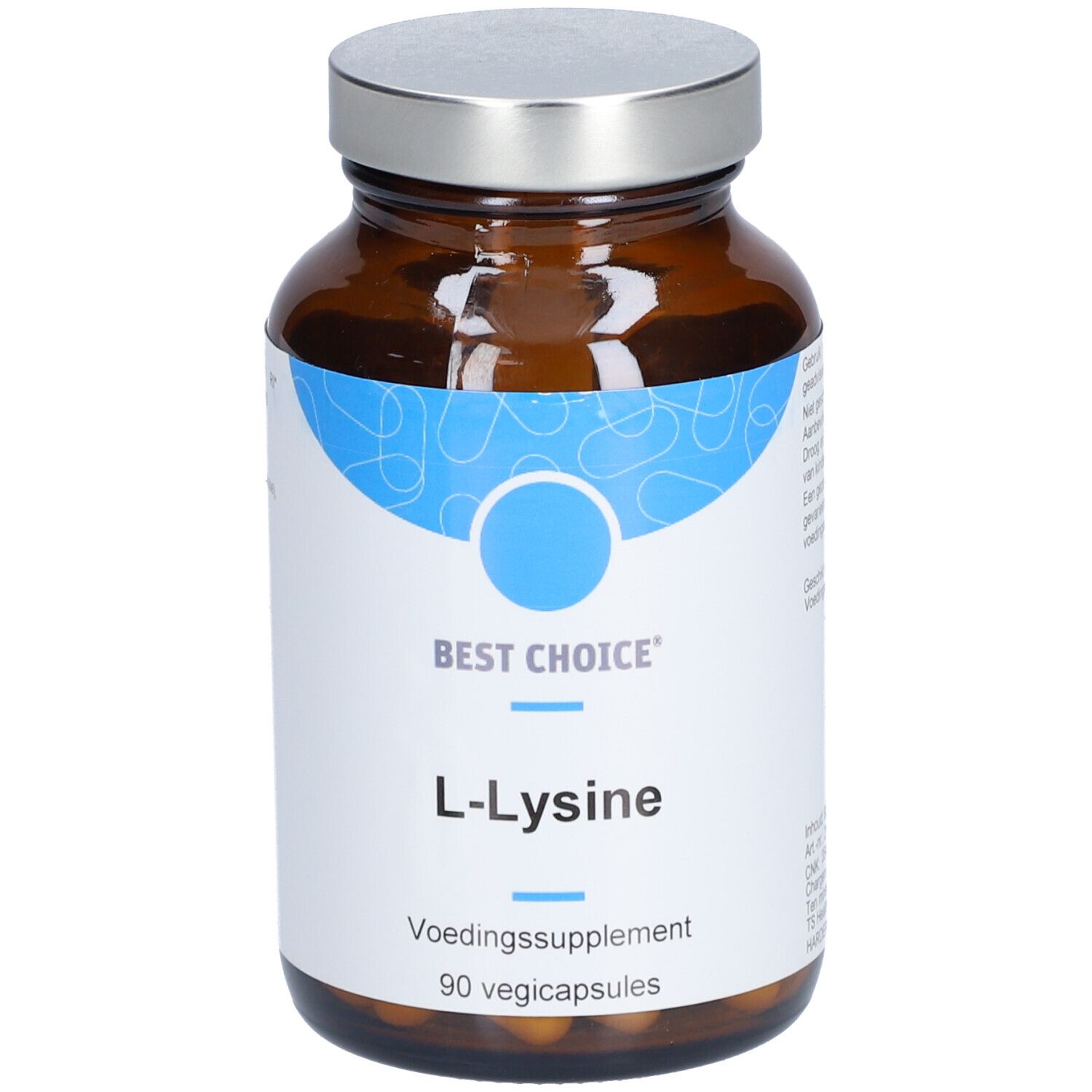 Flacon en verre brun avec couvercle argenté. Étiquette "BEST CHOICE L-Lysine". 90 gélules végétales.