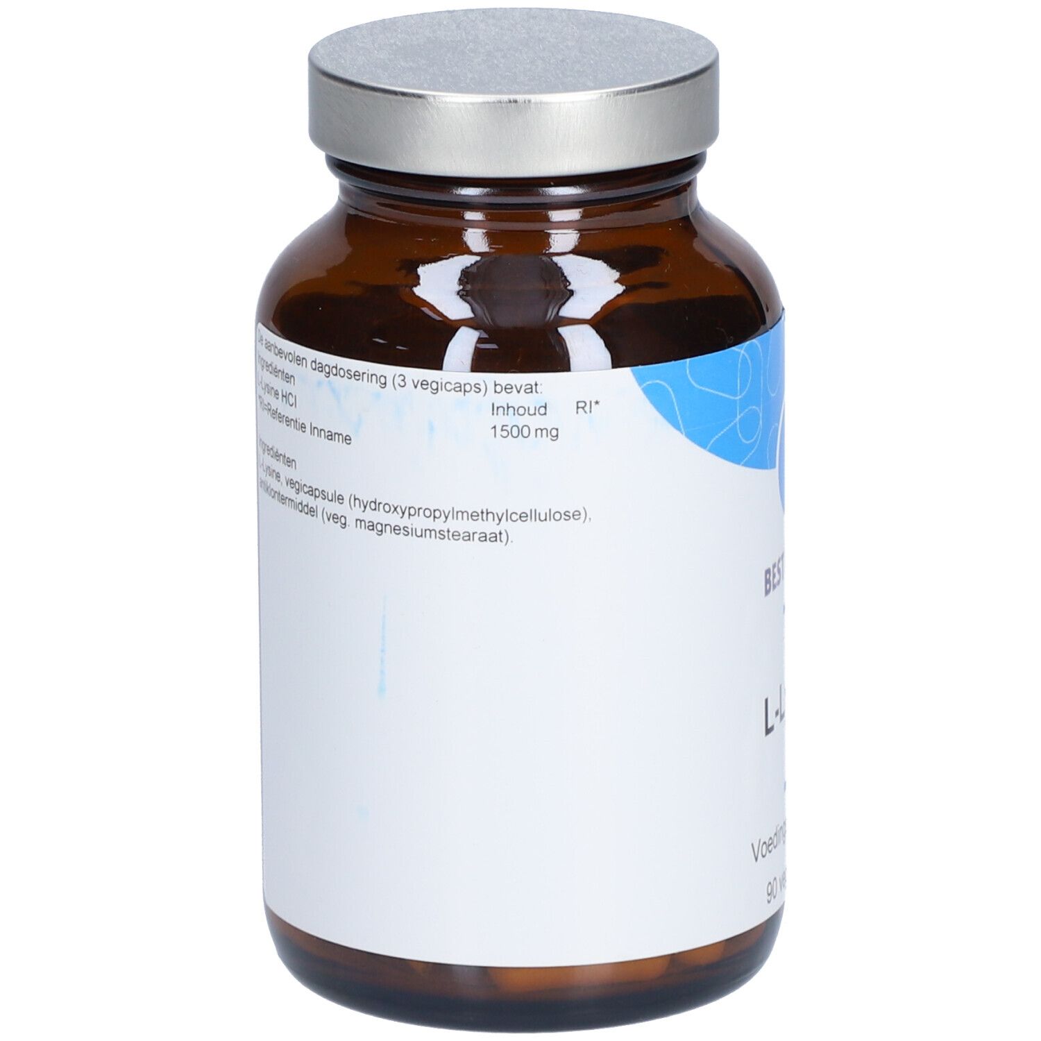 Flacon en verre brun avec couvercle argenté. Étiquette avec informations et "BEST CHOICE L-Lysine".