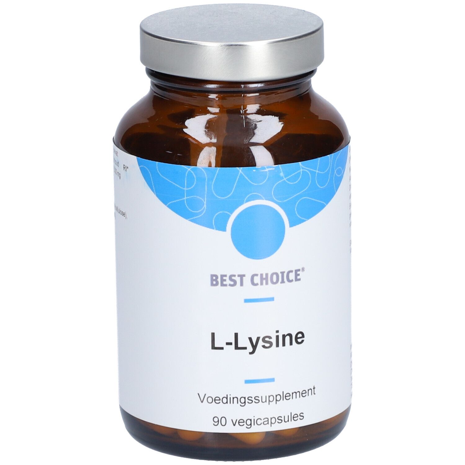 Flacon en verre brun avec couvercle argenté. Étiquette "BEST CHOICE L-Lysine". 90 gélules végétales.