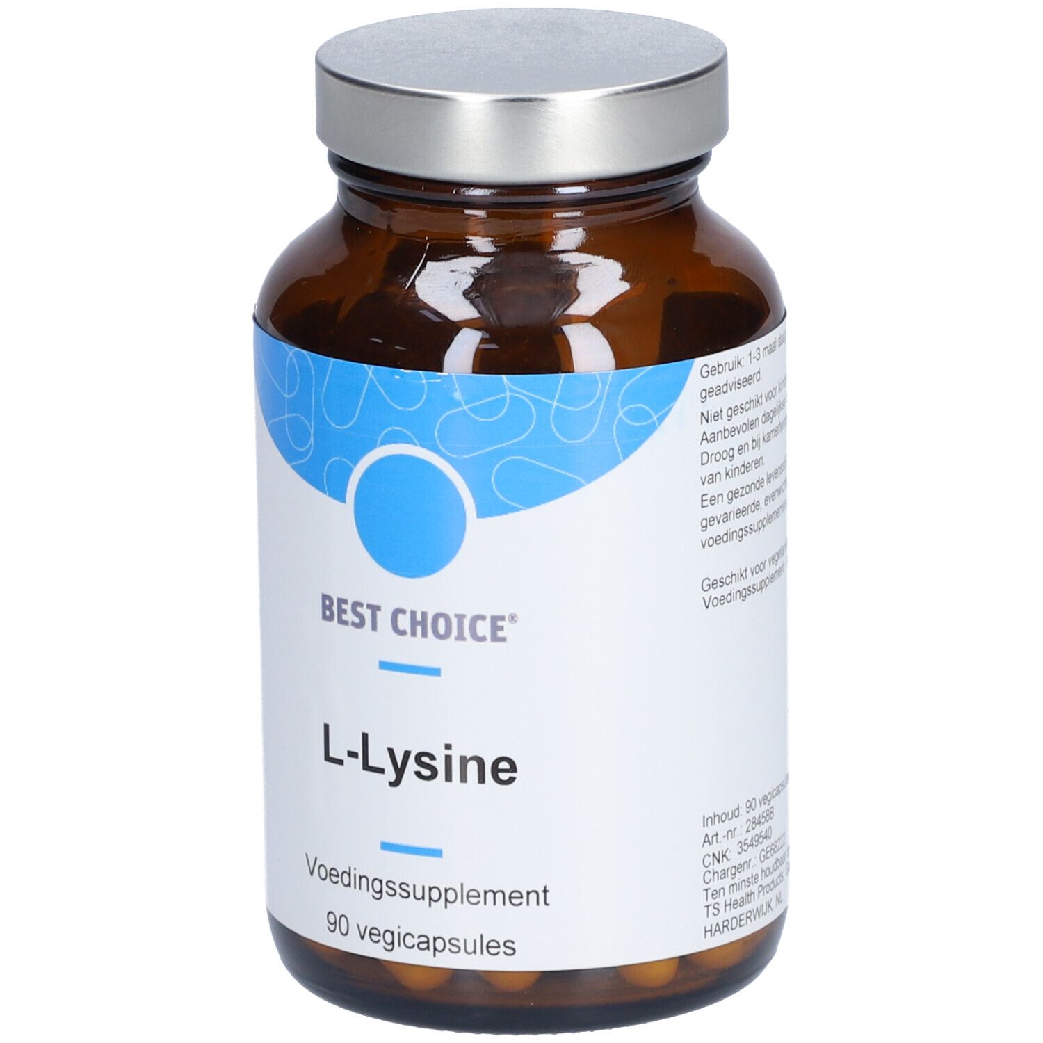 Flacon en verre brun avec couvercle argenté. Étiquette "BEST CHOICE L-Lysine". 90 gélules végétales.
